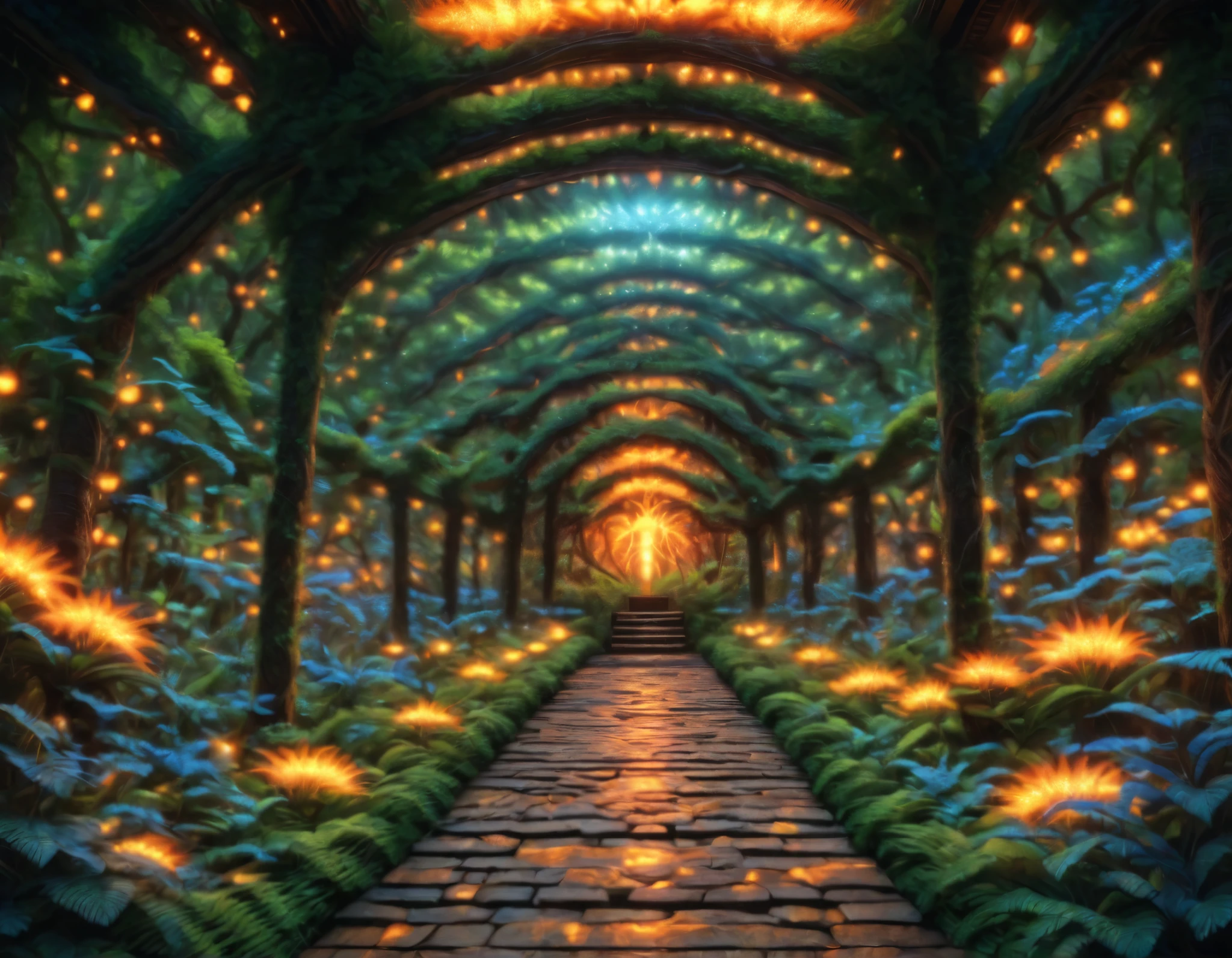 A blazing electric thicket glows in a radiant jungle, shimmering blue ferns hum, electric orange sparks flare, hyper-detailed, cinematic energy, 8K, vibrant neon colors, charged haven, style of Alex Grey