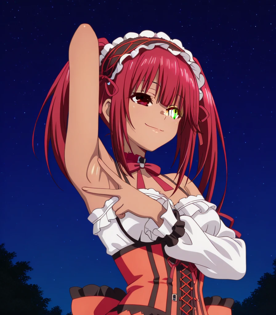 best quality, 4K wallpaper, masterpiece, extremely detailed CG unity 8k wallpaper, extremely detailed eyes, ultra-detailed, 1girl, solo, medium breasts, Ollie, zombie_skin, multicolored hair, multicolored eyes, twintail hair, earrings, style-bridal, outdoors, night, graveyard, (selfie view:1.5), looking at viewer, smile, standing, crossed legs, upper body,