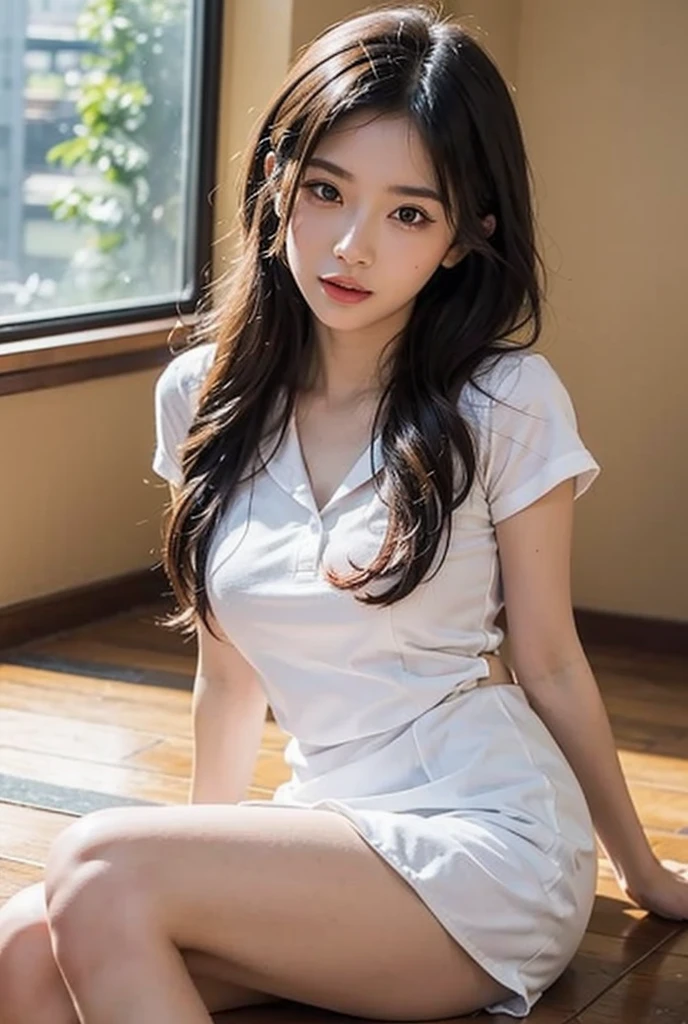 8k, Raw photo, highest quality, masterpiece:1.2), masterpiece, highest quality, figure, Very detailed, Fine details, High resolution, 8k,wallpaper, Perfect dynamic composition,(Detailed high quality, Realistic depiction of eyes:1.3)、A woman who has been  and has her hands tied、Arms wrapped around his back、Squatting with legs apart on a yacht、knees apart、White panties are visible、The whole thing faces forward、２１talent、Beauty、Well-formed face、Make your eyes even、Beautiful black hair、Has bangedium build、Well-balanced proportions、Beautiful legs、Short sleeve blouse、Long skirt、Sad face、Beautiful scenery、