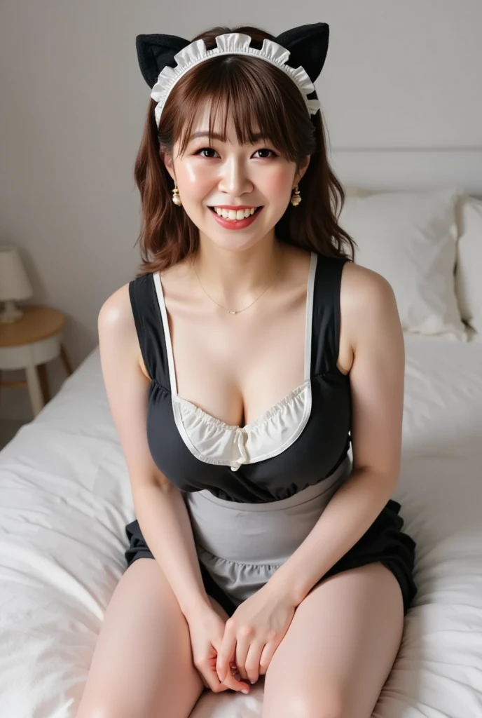 Beautiful mature Japanese woman aged 55, Married women, Thin frame, Long eyelashes, Sparkling eyes, Low Ponytail, Red lipstick, elegant, Amazing body, ruffle trim top, skirt, lifting skirt, Beige panties are visible, Pearl Necklace, photograph, Sensual pose, Viewer discretion advised