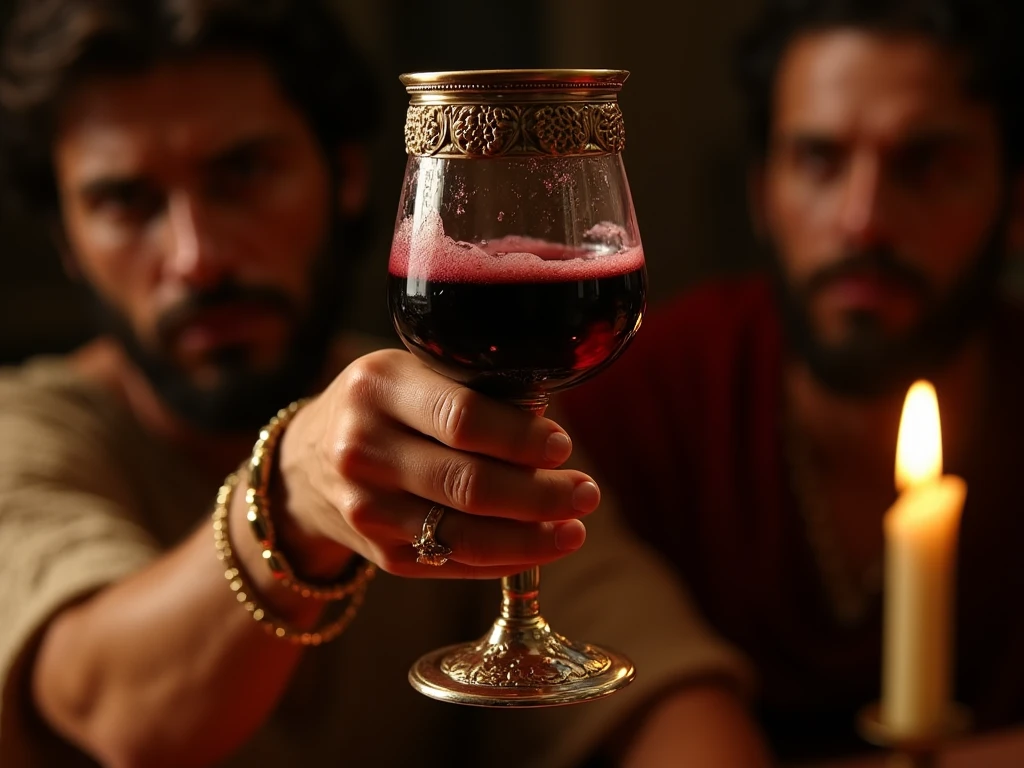a black haired man wearing a toga toasts with a goblet of wine,at a dinner table,soft lighting,masterpiece,realistic,photograph,hairy body,ancient home,roman,oil lamp,<lora:curly_hair_slider_v1:1.6>,