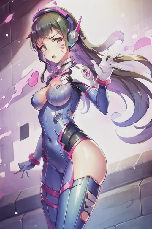 最high quality, high quality, 8K、High resolution,Highest quality、solo、A large-bodied heroine of justice wearing a pink cyber suit、Black Hair, Open Mouth Smile, Thighs