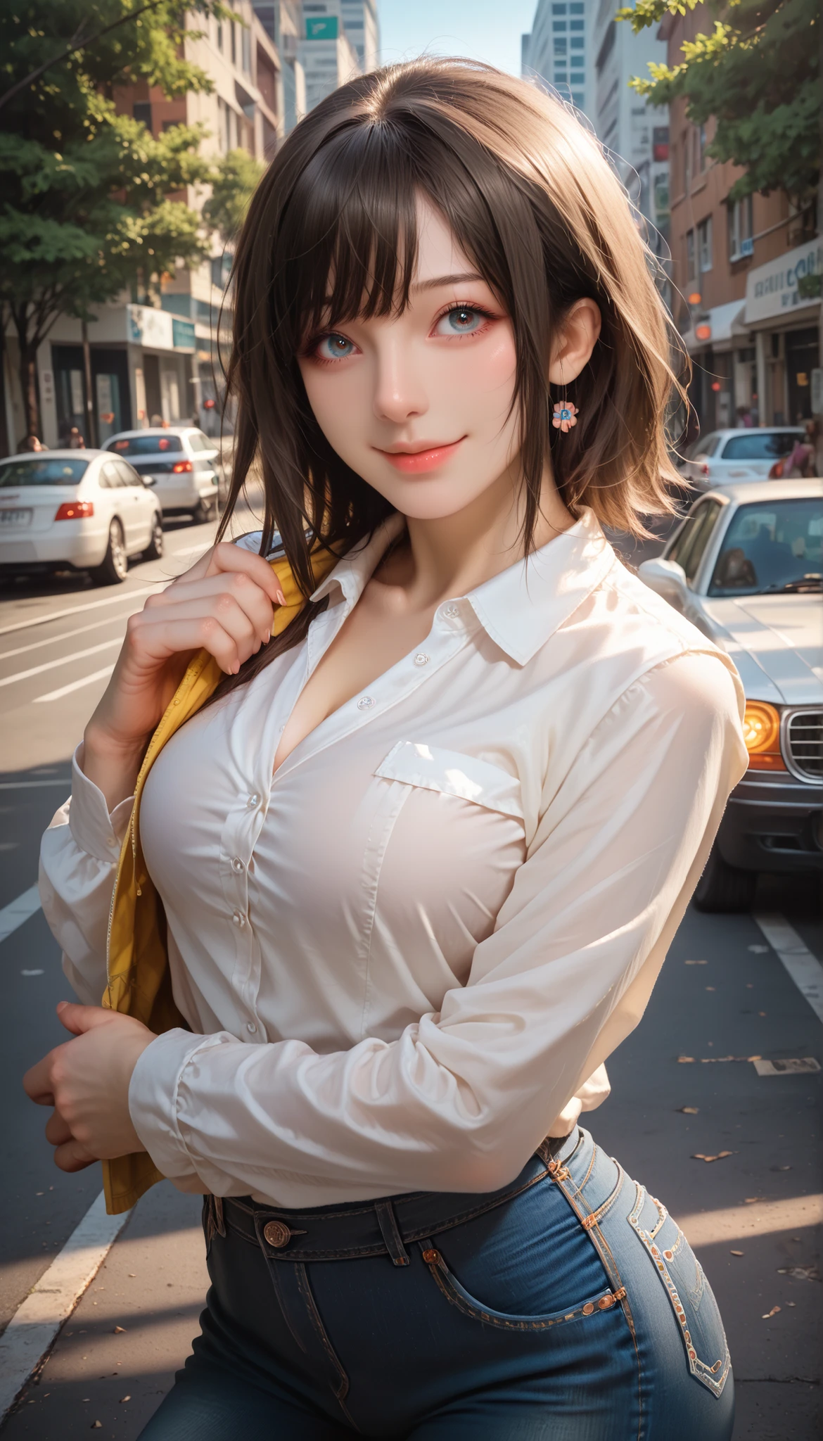 (best quality, ultra-detailed, photorealistic: 1.39), Face of naughty r, bright and vibrant colors, studio lighting, romantic expression, Perfect big breasts, cute blouse, long sleeves, jeans, Short blonder hair, bob style, bangs flowing in the wind, attractive eyes, lips bright, sexy pose, smiling seductively, posing for a professional photo shoot, shallow depth of field, soft natural lighting, creating a romantic and magical atmosphere, street, summer, sunny day, trees