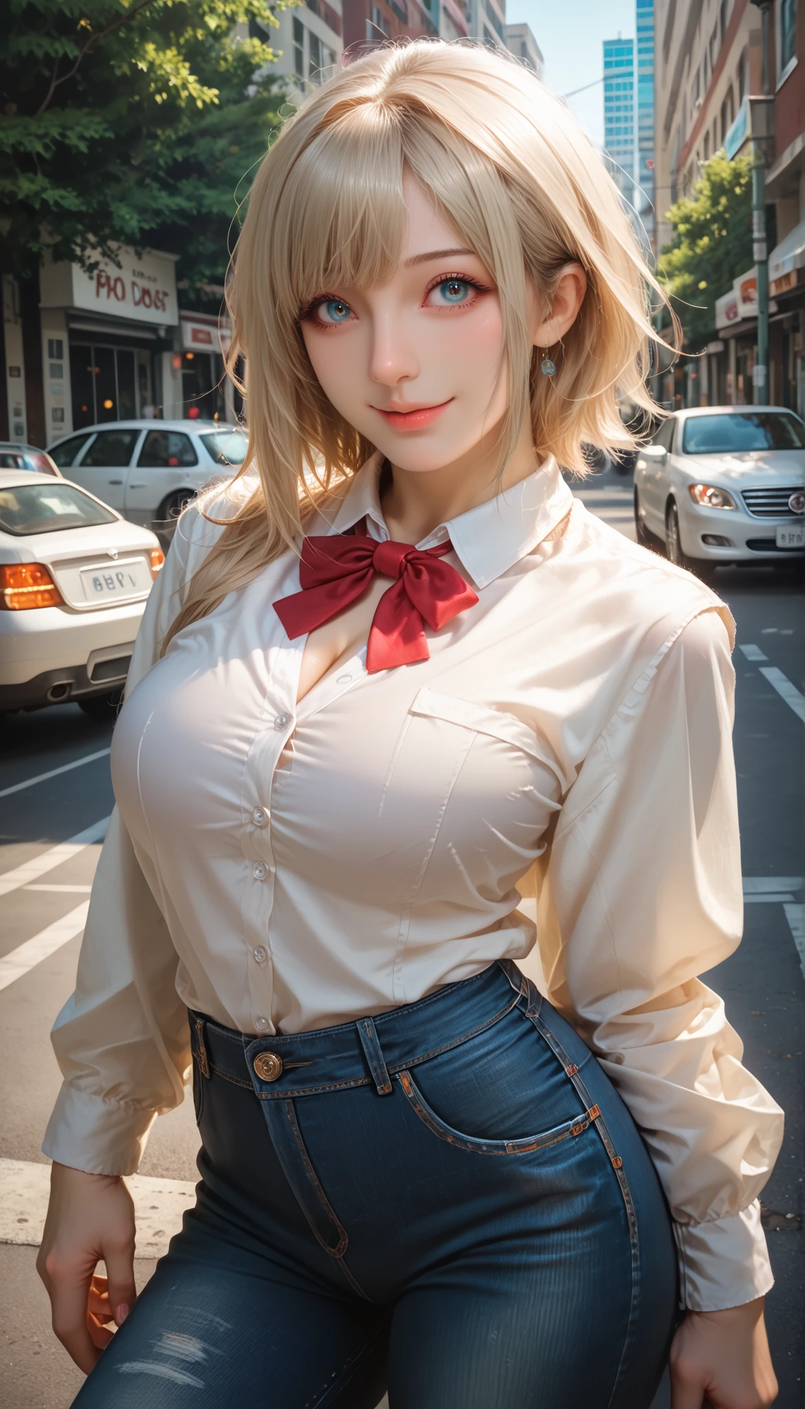 (best quality, ultra-detailed, photorealistic: 1.39), Face of naughty r, bright and vibrant colors, studio lighting, romantic expression, Perfect big breasts, cute blouse, long sleeves, jeans, Short blonder hair, bob style, bangs flowing in the wind, attractive eyes, lips bright, sexy pose, smiling seductively, posing for a professional photo shoot, shallow depth of field, soft natural lighting, creating a romantic and magical atmosphere, street, summer, sunny day, trees
