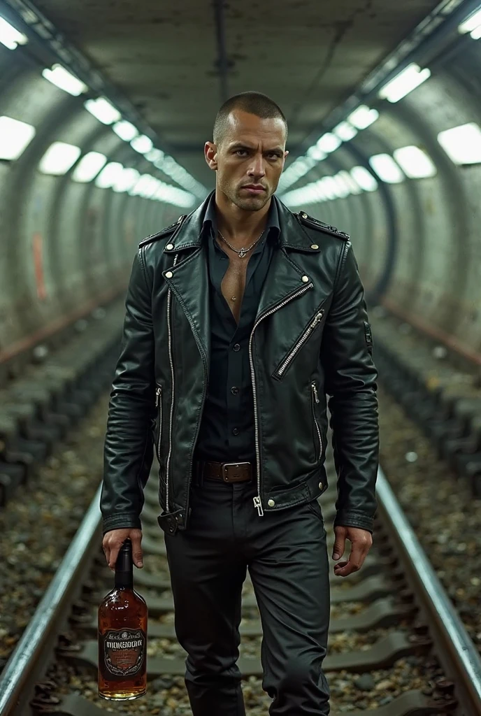 Hot german skinhead, in an alley, at night, shirtless, jacket with an eagle on it, with a swastika, skinhead boots, white laces