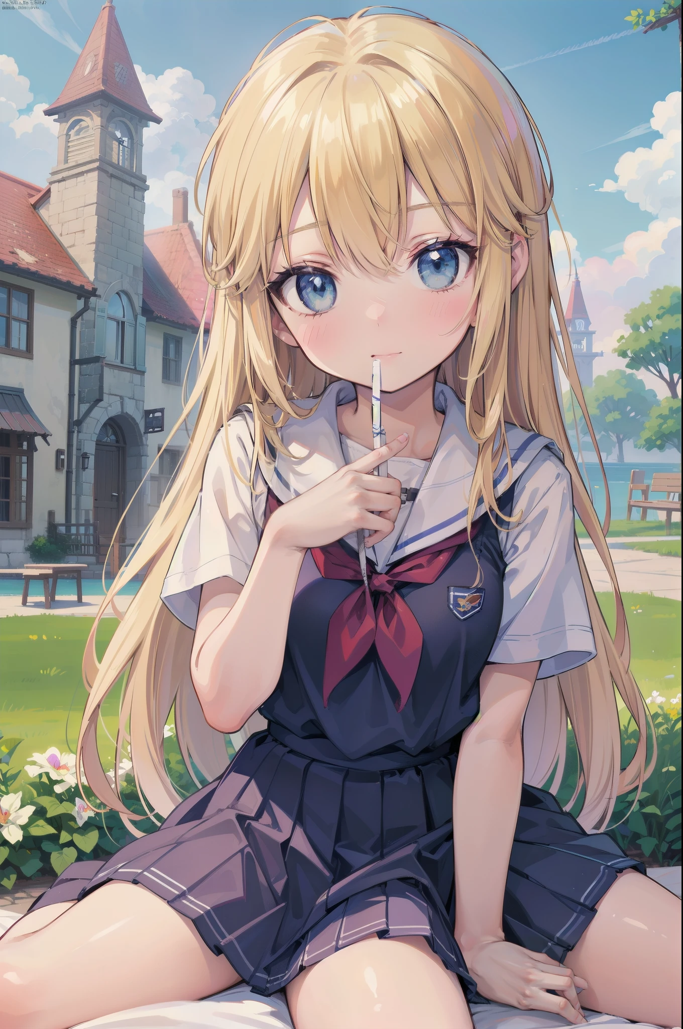 One Girl, smile, blonde、Red hair ribbon、 Primary school students、Blue Uniform、Blue long skirt、Pulling on skirt、Drowning in the sea、Embarrassed face、Water Play、Photographed completely submerged in water、The skirt spreads out on the water、skirt open、cute、blush、White panties