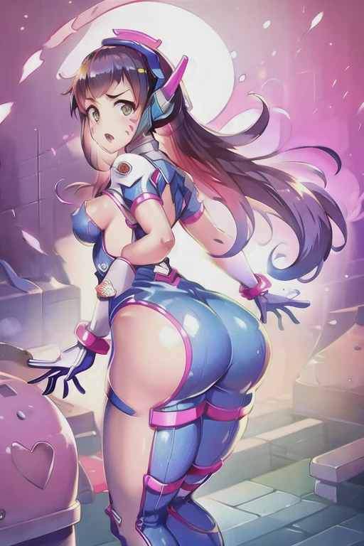 brown hair, Overwatch, D.VA, very long hair, Pink Headset, Dva Facepaint, pupils sparkling, Pink Eye Colour, unconscious, seductive smile, Big ass, D.VA Costume, from above, from behind, UHD, masterpiece, high details, high quality, best quality, highres