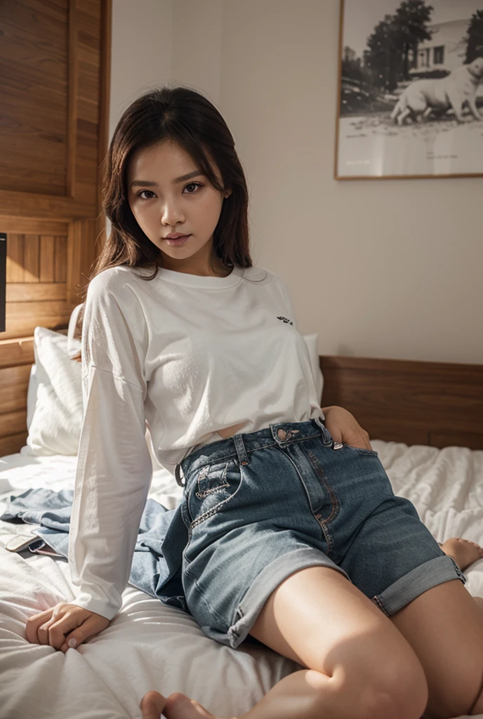 สาวเกาหลีสุดสวยwatchเหมือนภาพวาด 4 มิติ,(watch), I parted ways directly., My hair is great., Ideal , Blue cropped t-shirt with printed message., shorts, stand (window background), bright colors, studio lights, gentle fire, The light is dim., 3D animation