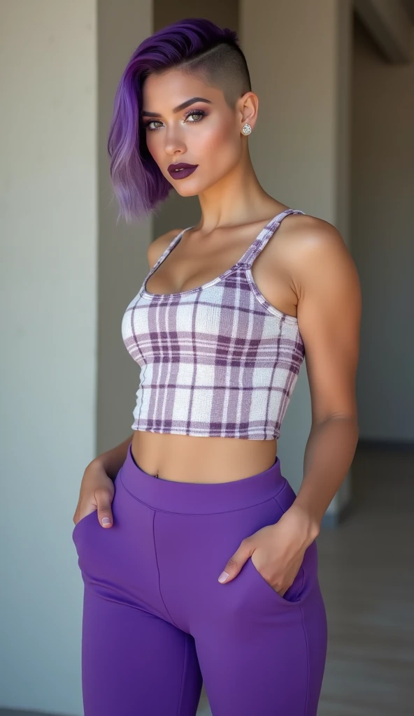 woman wearing a purple cropped shirt and purple shorts. wearing sunglasses, seductive pose, tight fit, short blonde hair, bold and vibrant makeup, alluring, masterpiece, super details, depth of field, outdoor lighting, full body shot