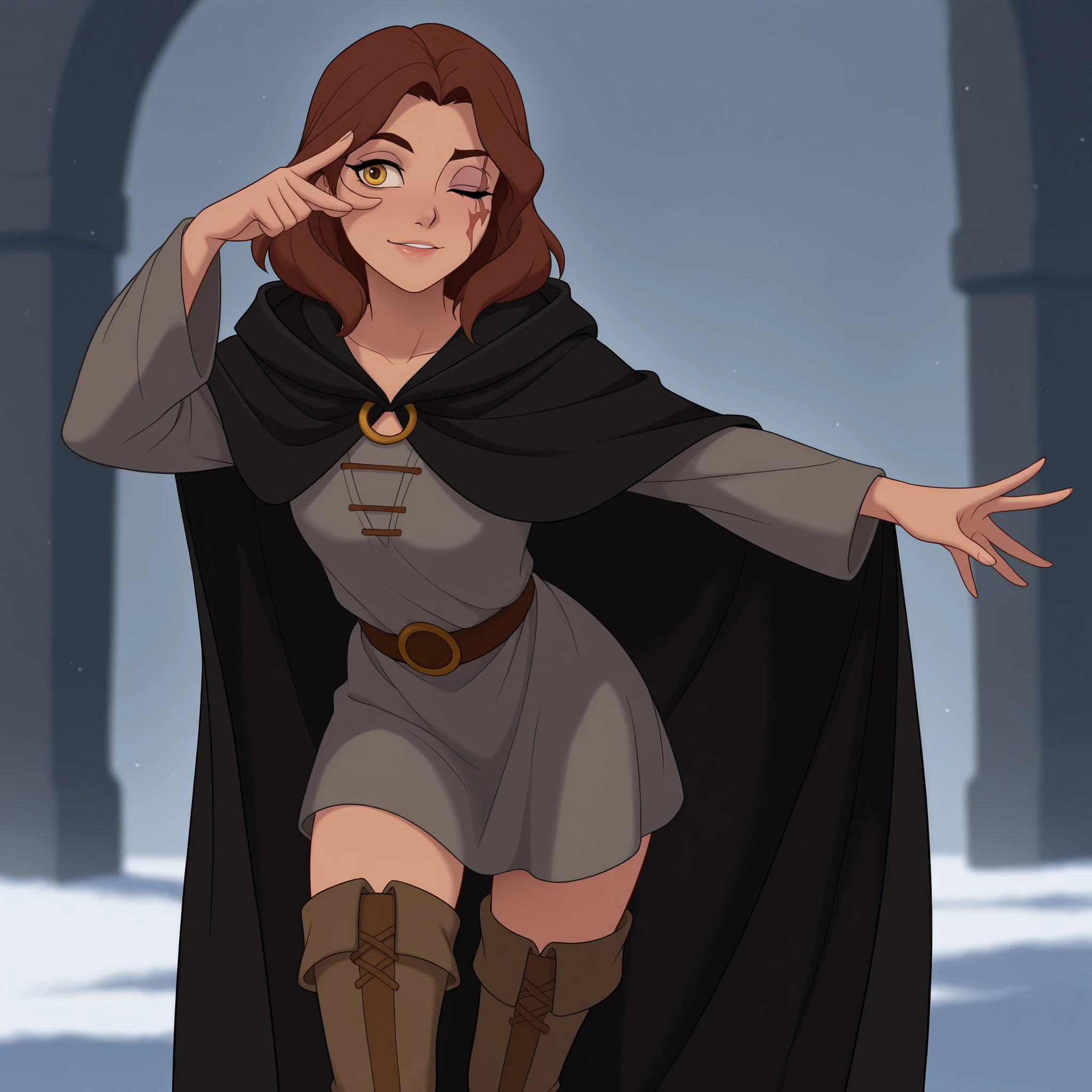 masterpiece, best quality, DisneyClassics disney scar across eye, facial tattoo, one eye closed, yellow eyes, brown hair, medium hair
black cloak, hooded cloak, hood down, grey dress, long sleeves, cape
thigh boots