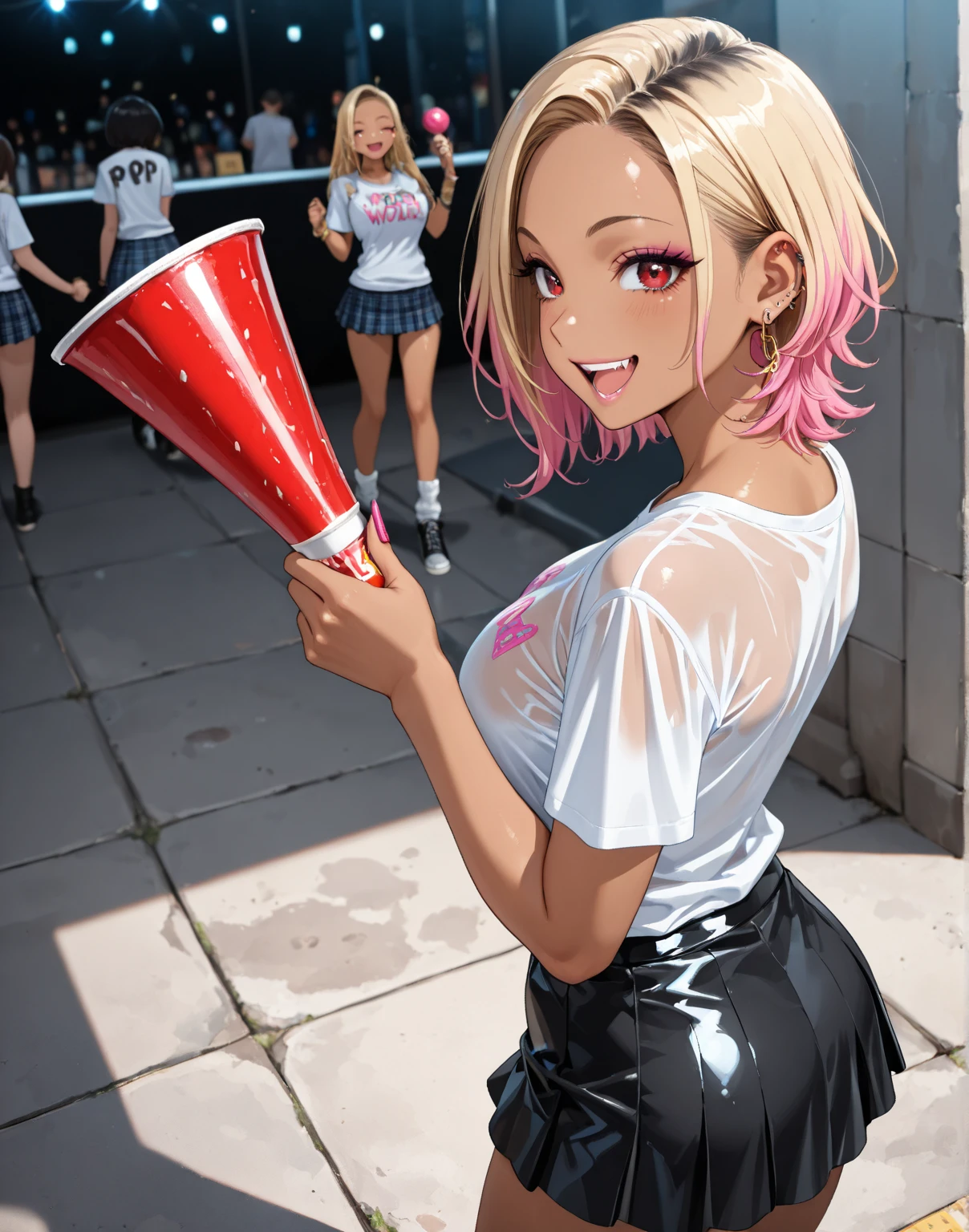 {{{masterpiece}}}, {{{best quality}}}, {{ultra-detailed}}, {illustration}, {{an extremely delicate and beautiful}}, (Best quality, 8k, 32k, Masterpiece, UHD:1.2),Photo of Pretty Japanese idol girl, top quality, best quality, realistic, unity, 8k wallpaper, official art, extremely detailed  wallpaper,(3girls:1.5),(idol costume), (sweaty skin:1.3),17yo,Child,black eyes,(take the spotlight:1.1),(stand microphone:1.5),(sing:1.5),(very short bob hair:1.3), (white hair:1.3),earrings,looking at viewer,(high detailed skin),realistic body,(small breasts:1.4),cute girl,no makeup, famous japanese idol,(standing),(low view),(lift skirt:1.1),(show off panties:1.2),(open panties:1.2),(race panties:1.3),(panties juice:1.4),(looking at viewer:1.1),(idle stage :1.5)
