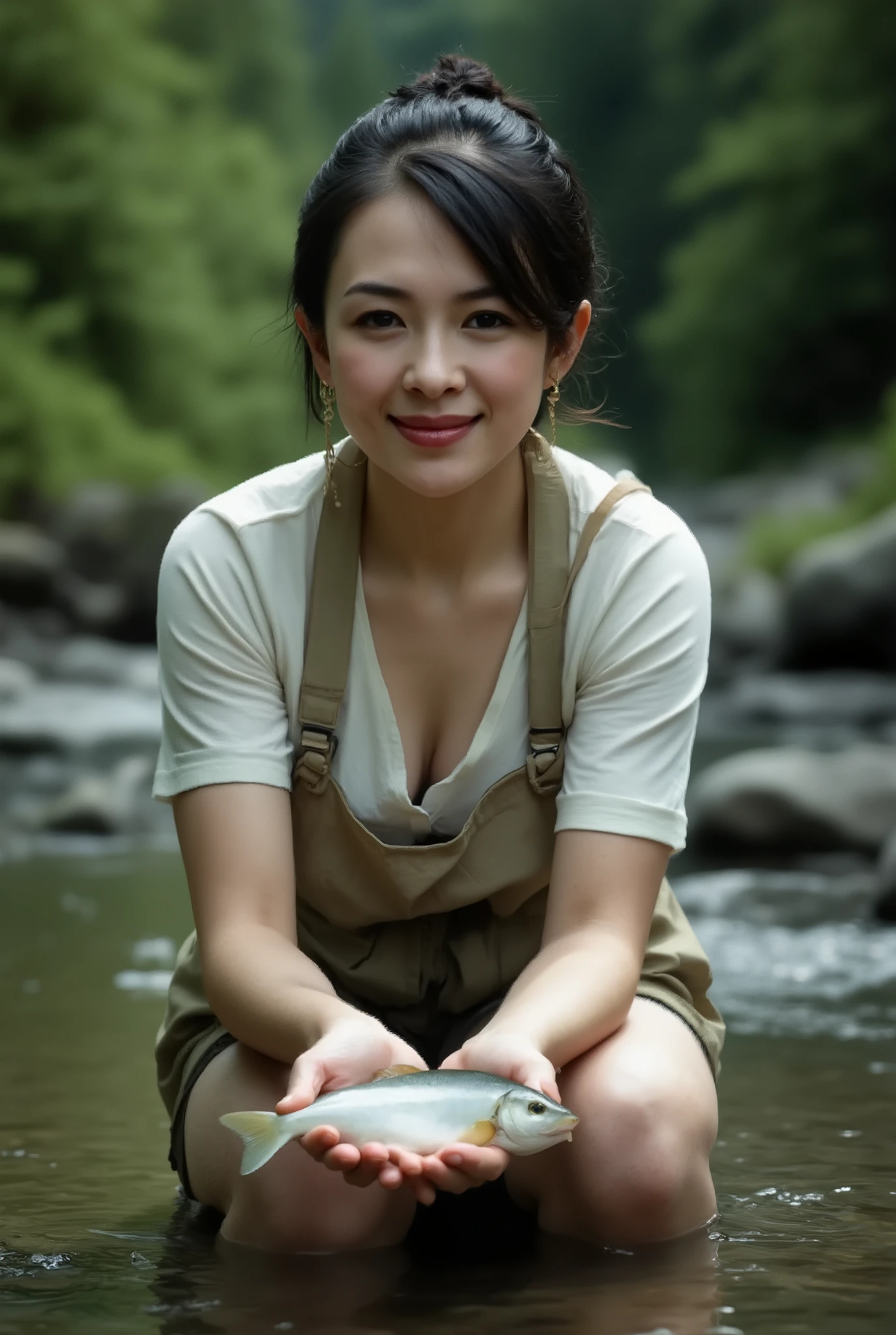 Ultra High Definition, ( realistic : 1.4), RAW photos , Highest Quality, ( realistic ), High Concentration , Soft light, ((45 years old)), Picture of a smiling woman fishing for yamame in a mountain stream in Japan、 Summer outdoor wear 、(((Front view of a beautiful yamame crouching in her palm、crouching and releasing it into the water)))、 Transparency、look up、in a dark film