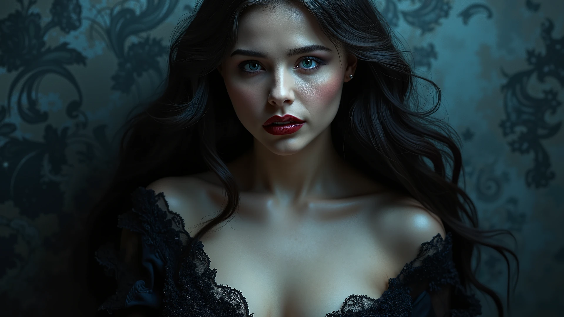 An exquisitely detailed, seductive fantasy vampire woman with cascading, silky long black hair that artistically drapes over her nude body, tastefully concealing her form while revealing an alluring, prominent cleavage. Her eyes are vivid and expressive, glowing sapphire-blue, locked in an intense gaze straight into the camera, filled with ancient wisdom and haunting allure. Her face is stunning—flawlessly sculpted with high cheekbones, delicate features, plump crimson-tinted lips slightly parted, and subtle fangs peeking through. The skin is porcelain-pale, glowing softly under a moonlit, mystical ambiance. The background is a gothic dreamscape—velvet shadows, faint mist, and baroque textures. Lighting highlights every curve and facial contour with painterly precision, evoking romanticism and dark elegance. Style: hyperrealistic digital painting with fantasy art influences by artists like Luis Royo and Boris Vallejo