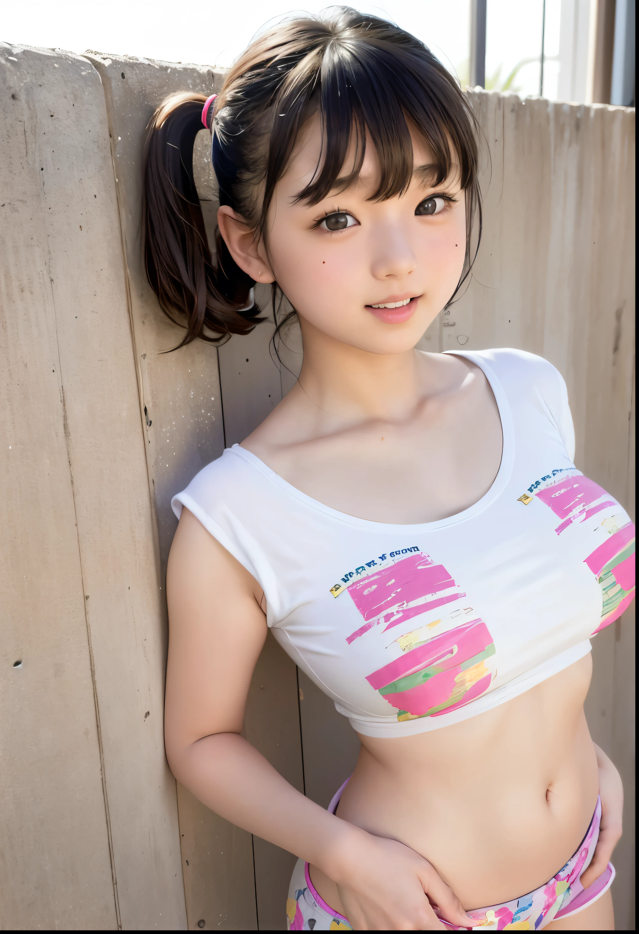 ( Highest Quality,masterpiece:1.3, ultra high resolution),( very detailed、 Caustics) ( exists:1.4, RAW shooting、)Ultra- exists Capture、 very detailed、 Japanese elementary school student wearing a natural skin texture 、masterpiece、(Japanese elementary school students wearing printed towel fabric t-shirts 、 Japanese elementary school girl wearing extremely short pants:1.3)、 adorable expression、expression of joy、、: 、babyface、 Innocent Girl、 is amazingly cute、Twin Tail Hairstyle and Wet Nipples、 black hair、Big Breasts、 Shining thighs、Residential Sidewalk 、Background details、smile、 charming gaze 、( anatomically accurate)、 ATTENTION TO DETAILS 、standing with back against wall、