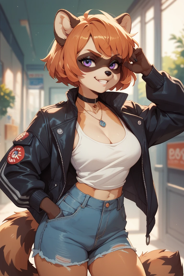 By bebebebebe, by lostgoose, by goonie-san, solo, standing, female, feline, tuxedo cat, ((snout, hair)), wavy hair, short hair, ((detailed eyeuscular, big breasts, crop top, jacket, jeans, looking at viewer