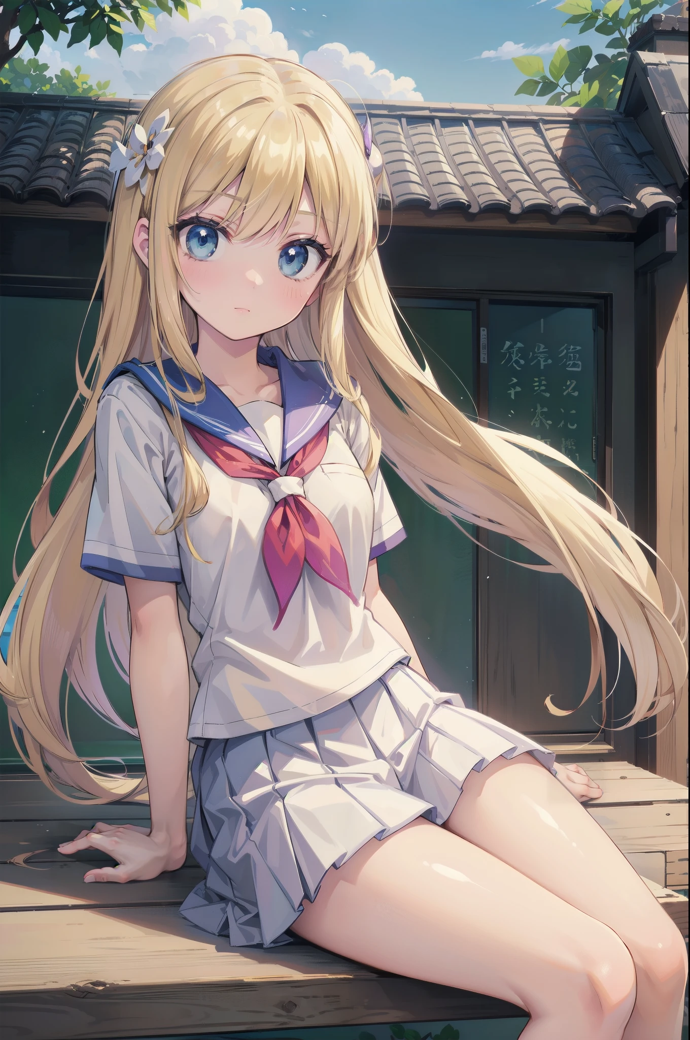 Beautiful long blonde hair　Shyness　blue eyes　　Watery eye　White panties　Girl in a sailor suit　Pleated skirt　Skirt flipped　vibrator in thighhighs　thighvibe　Hold your crotch with both hands
