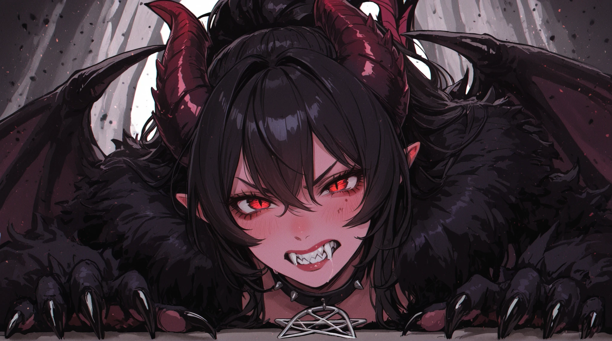 meruccubus, yellow eyes, red oni, simple background, long hair, mole under eye, red horns, oni horns, pointy ears, looking at viewer, skin-covered horns, medium breasts, tail, solo, demon girl, demon tail, 1girl, colored skin, freckles,black hair, red skin , coat , pants