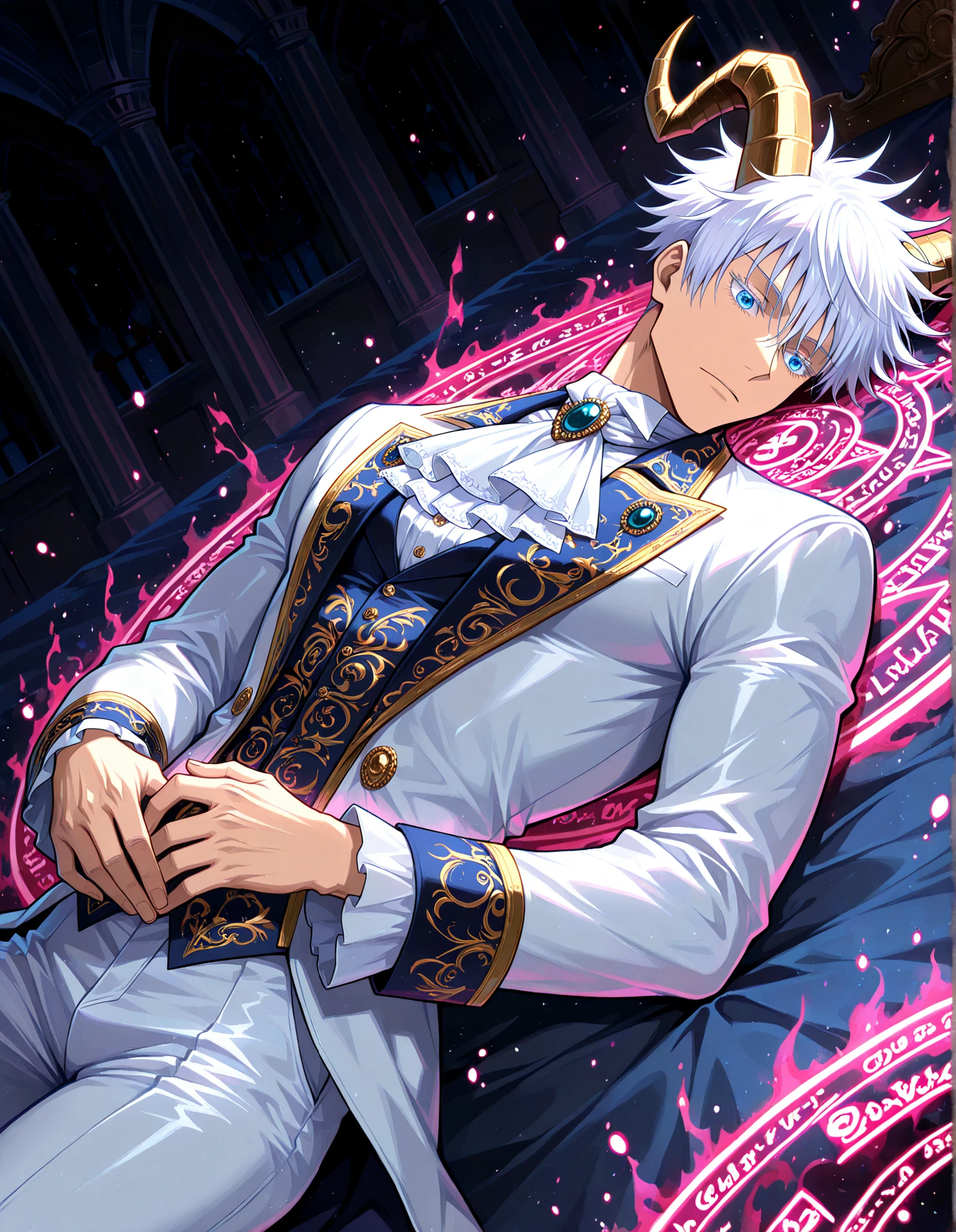 (masterpiece, best quality, highly detailed, mature) male, solo, 1man,adult, male focus, gojou satoru, jujutsu kaisen, blue eyes, white hair, short hair, sexy man, handsome face, colored eyelashes, handsome face, beautiful face, beautiful colors, medium shot, victorian clothes, aristocrat, royal clothes, white accent, indigo colored, indoors, serious, Egoat horns, white hair, horizontal pupils, beautiful male, dark background, night, castel, View from above,Enchanted eyelashes, delicate, style, Anime, digital painting, soft shading, fantasy, Neon Pastel, Ethereal Art, UHD, best quality, high detail , dark aura glowing, dynamic pose, lying, lying bored in bed, bored facial expression, castle interior, luxurious, glittering, shiny, sparkling, magical, particles, dark atmosphere, magical aura, playing with magic circle,, wide angle shot, dynamic pose