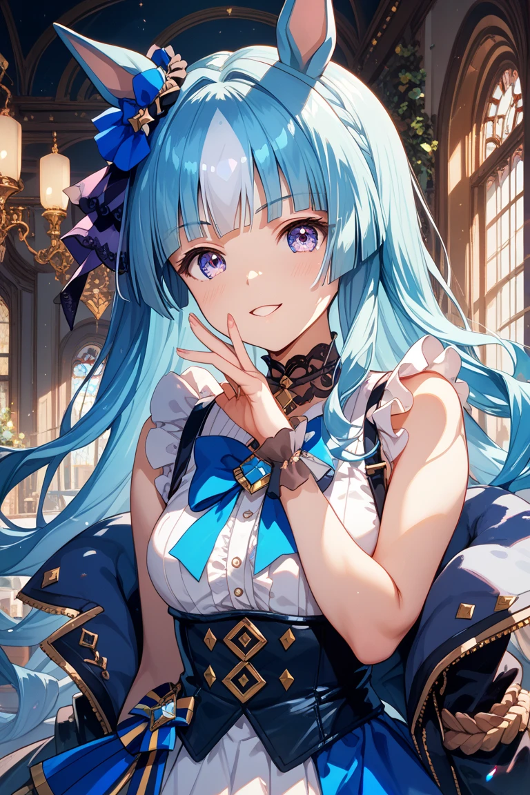 lightblue hair，Girl in Lolita style long dress，Petite physique，There are intricate and ornate decorative ribbons on the head，Her hair was tied into a princess braid，Wearing black Lolita，Wearing a gorgeous Ponet，Holding a blue wand in his hand，There is magic wrapped around，Stand at the top of the tower，looking at the stars