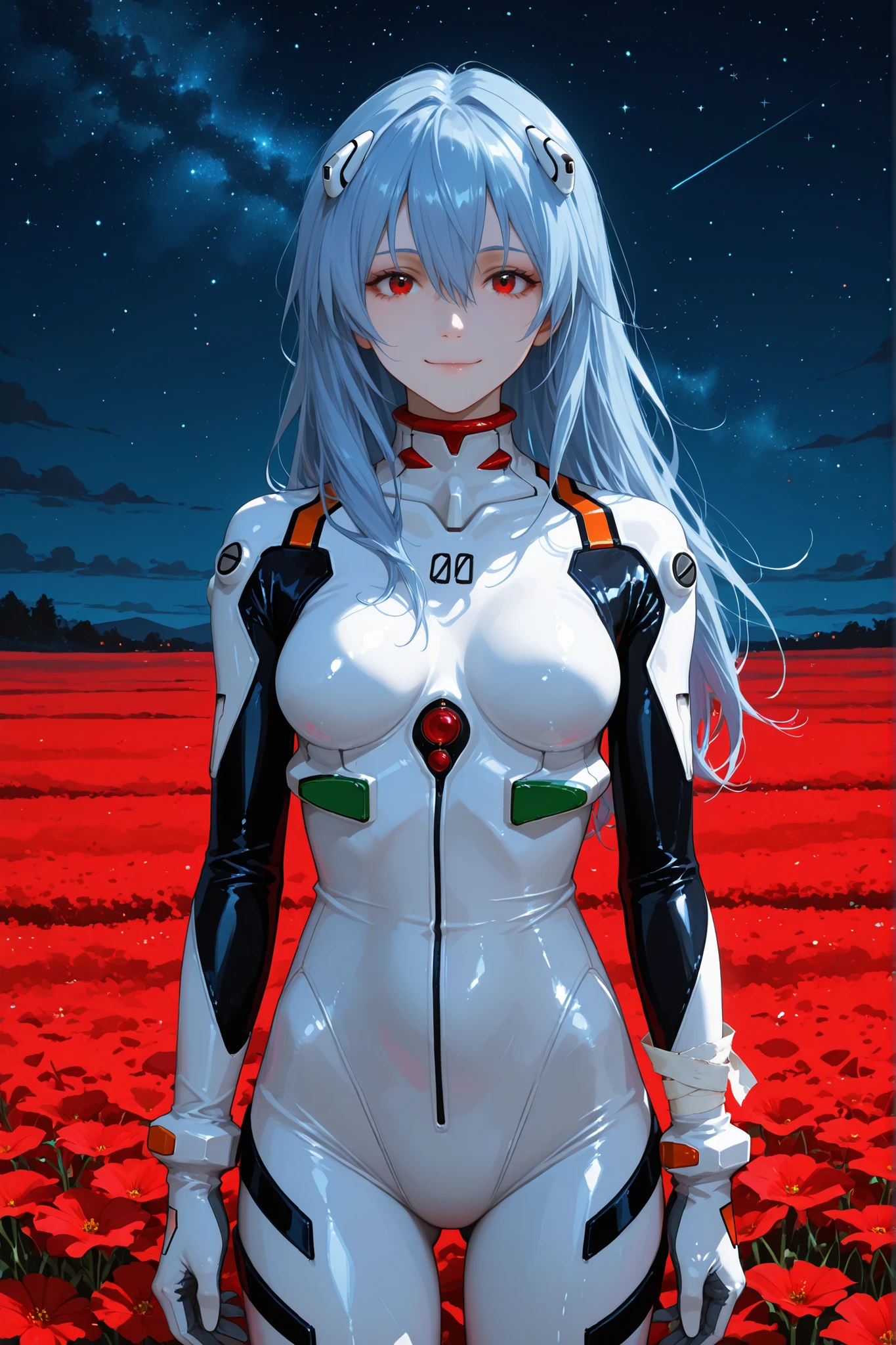 1 girl, ayanami rei, diving suit, hair between eyes, blue hair, pilot suit, skin tight, expressionless, bandages, red eyes, long hair, fair skin, i_rei, red eyes, , confident expression, mocking smile, standing, in a field, looking at viewer, night sky, stars in the sky