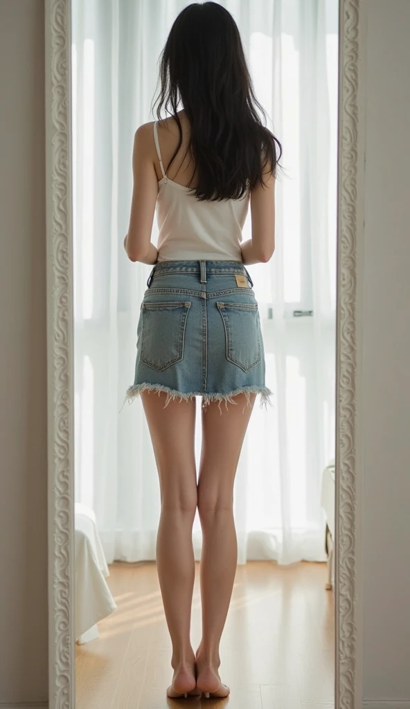 Open shirt, (((Leaning forward))), ((,Round face, Around 17 years old,mini skirt、loose tank top)), Long Hair, , Natural Makeup, Lips become thicker, Sexy Gaze, barefoot, ((Raise one leg)), Shooting from below,Gentle expression ,((Extremely precise and accurate anatomy)), (masterpiece:1.43), Perfect Proportions, Realistic photos, Full Shot, whole body, (height: 165cm),