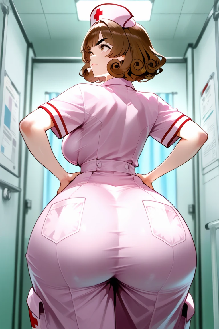 a teenage girl sexy attractive beautiful cool popular short orange hair disheveled cut light red lip wears long light blue button shirt sensual curves and a short purple miniskirt pair short blue socks legs white heel she is frozen inside a pink crystal paralyzed in a laboratory