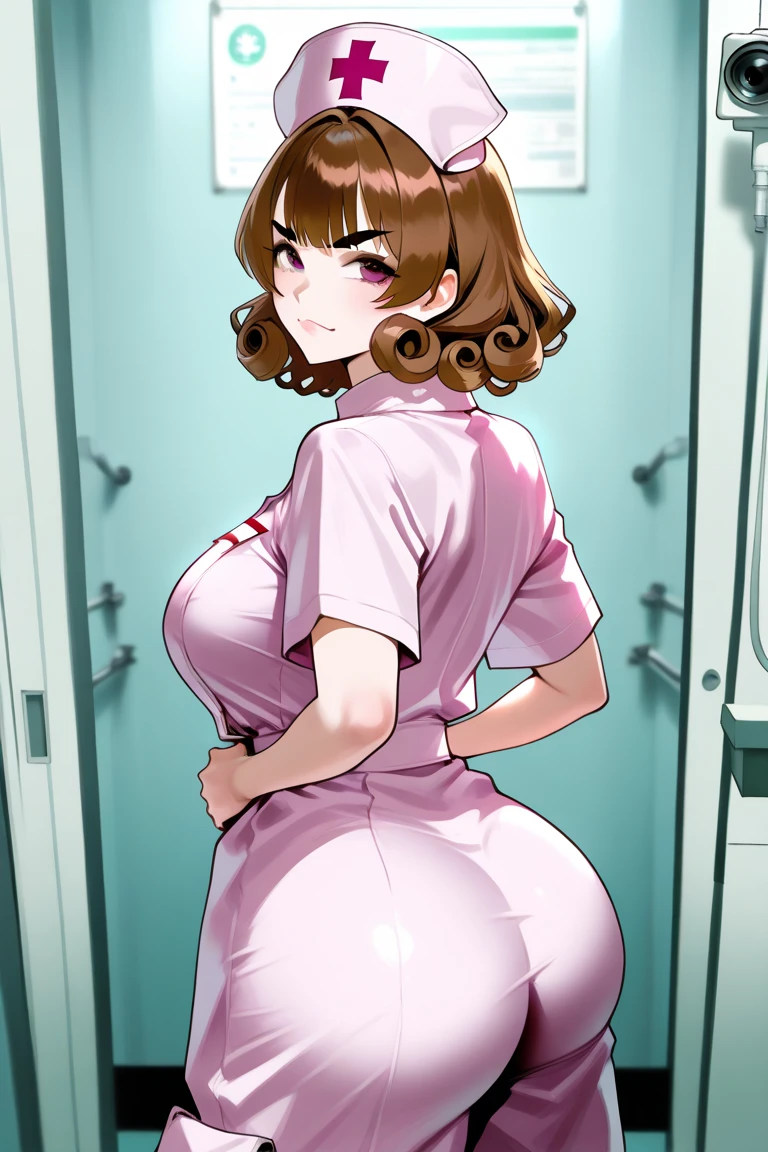 masterpiece, best quality, very aesthetic, absurdres, 1girl, mature_lady, full body, ,surprised,Neon pink hairheadpiece,Nurse Scrubs: Medical professionals wear scrubs, comfortable and easy to clean, in various colors.,Hanok (Korea),floating_hair