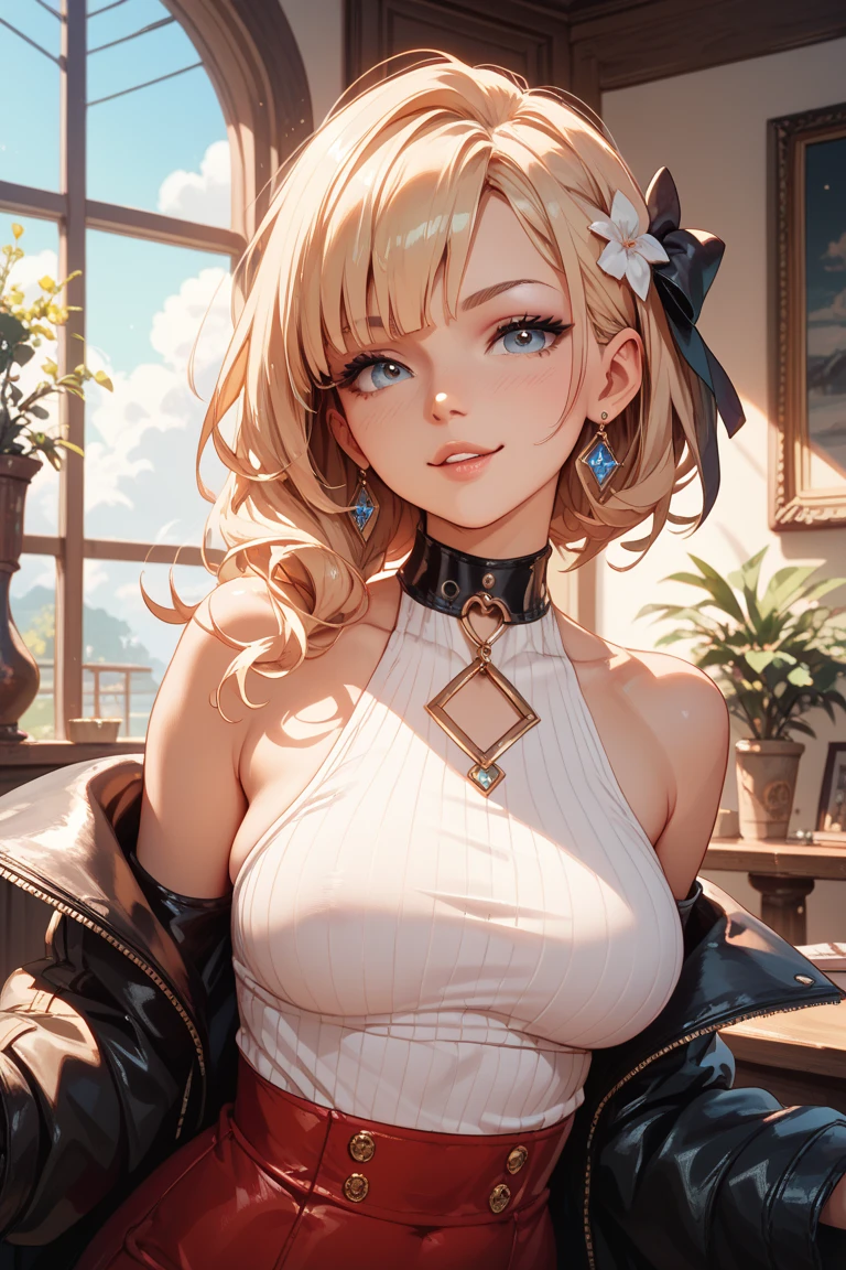 sideview,(looking at viewer:1.2),solo, upperbody, blonde wavy curly long thin hair:1.3, lime green eyes, Russian, pure smile, (stylish model pose),(offshoulder:1.2),Enchanting chest:0.9、(All white sexy givenchy Lace-updress),(I am the star):1.2, white simple background,
