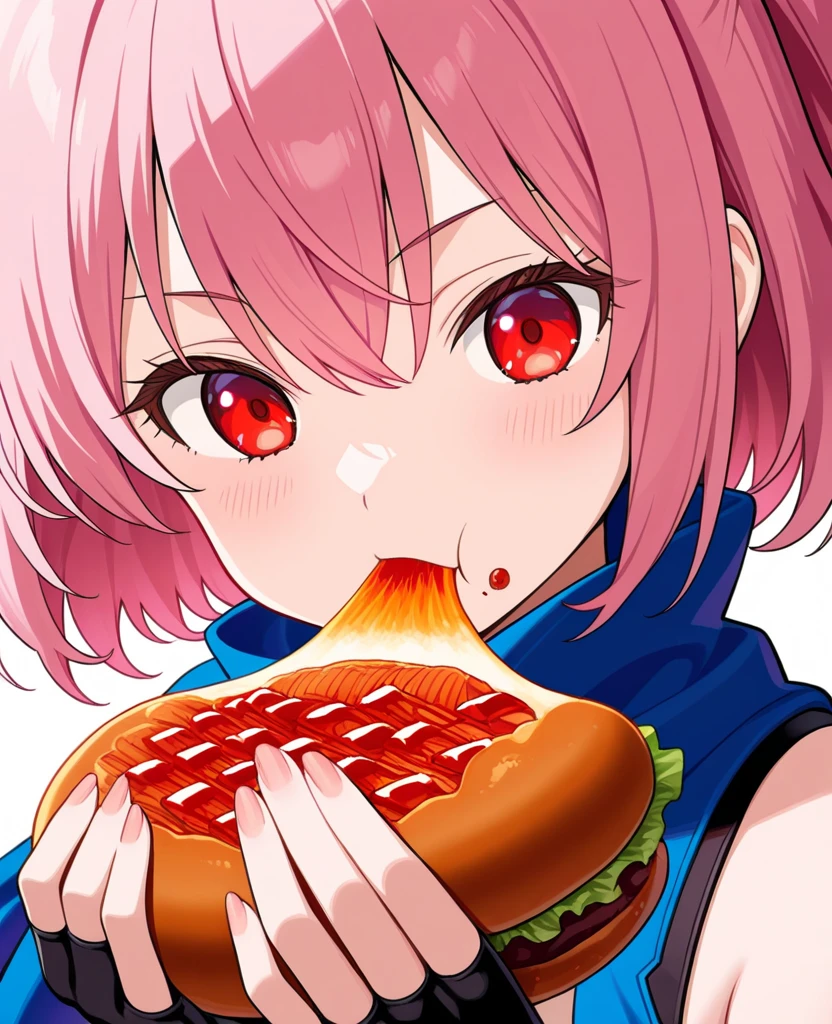 girl,boyish, very short hair, pink Hair, medium Breasts, winter clothing ,Cowboy Shot,blush,sexy face,Blue eyes,clearly,Striped pattern, (white background:1.3), Trying to eat grilled meat with chopsticks