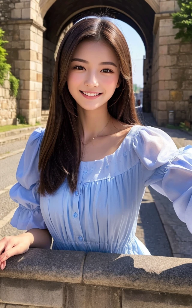 ((best quality, 8K, masterpiece: 1.3)), 1 girl, Slim, Vest: 1.1, Super thin face, Exquisite eyes, Double eyelids, Drooping eyes, Smile, 18 years old, Large Brea, (smile:1.2), open mouth,