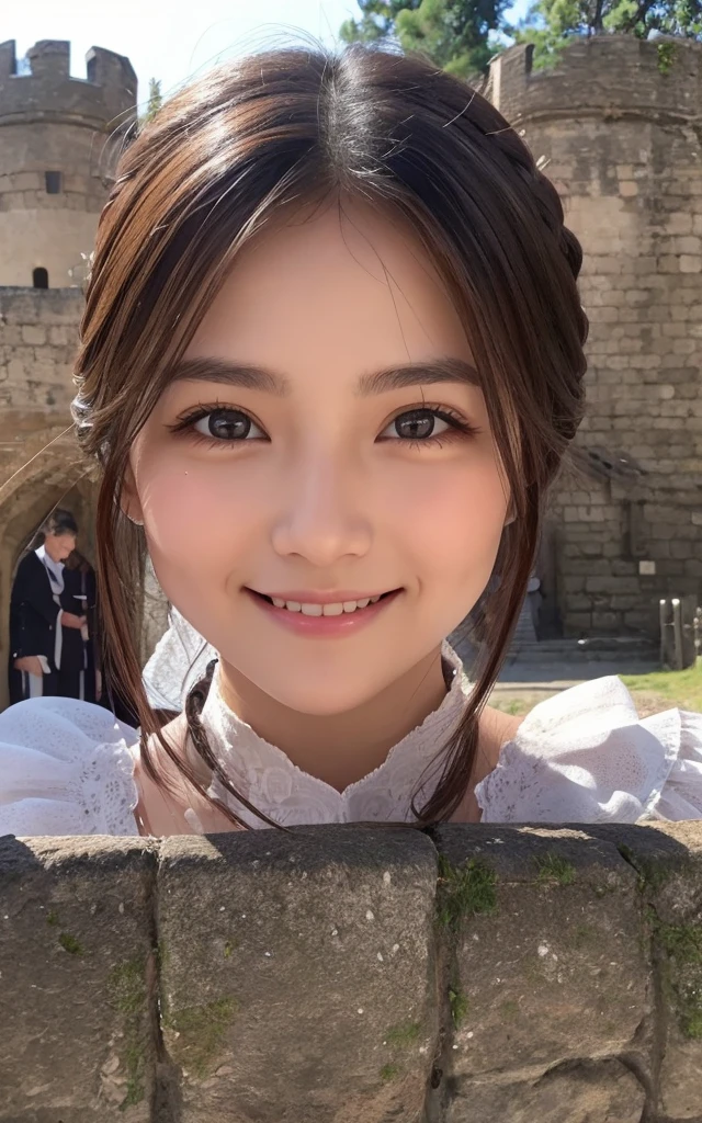 (masterpiece, best quality:1.1), (8k, raw photo, photo realistic:1.2, f22), (shiny skin), detailed skin, detailed face, detailed eyes, smile,BREAK, real world, intricate details, smil, BREAK, 1girl, (Traditional France Costumes, France Costumes), BREAK, (Mont Saint-Michel:1.4),