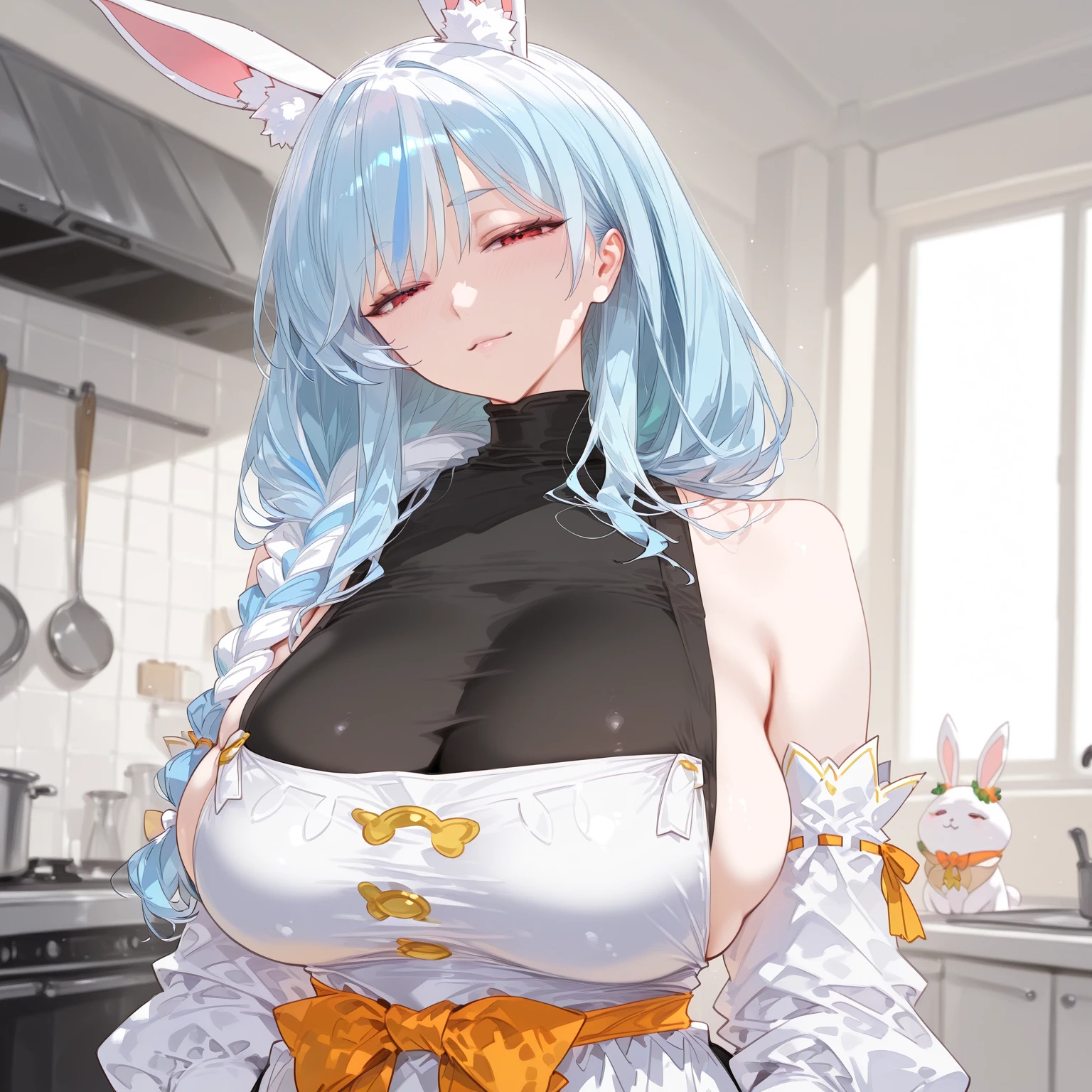 masterpiece, high quality, A pretty woman, Long hair, wavy hair, White hair, blue eyes, smiling face, big breasts, juicy breasts, big butt, vaginal, open legs, naked, iced tea, background of a bakery