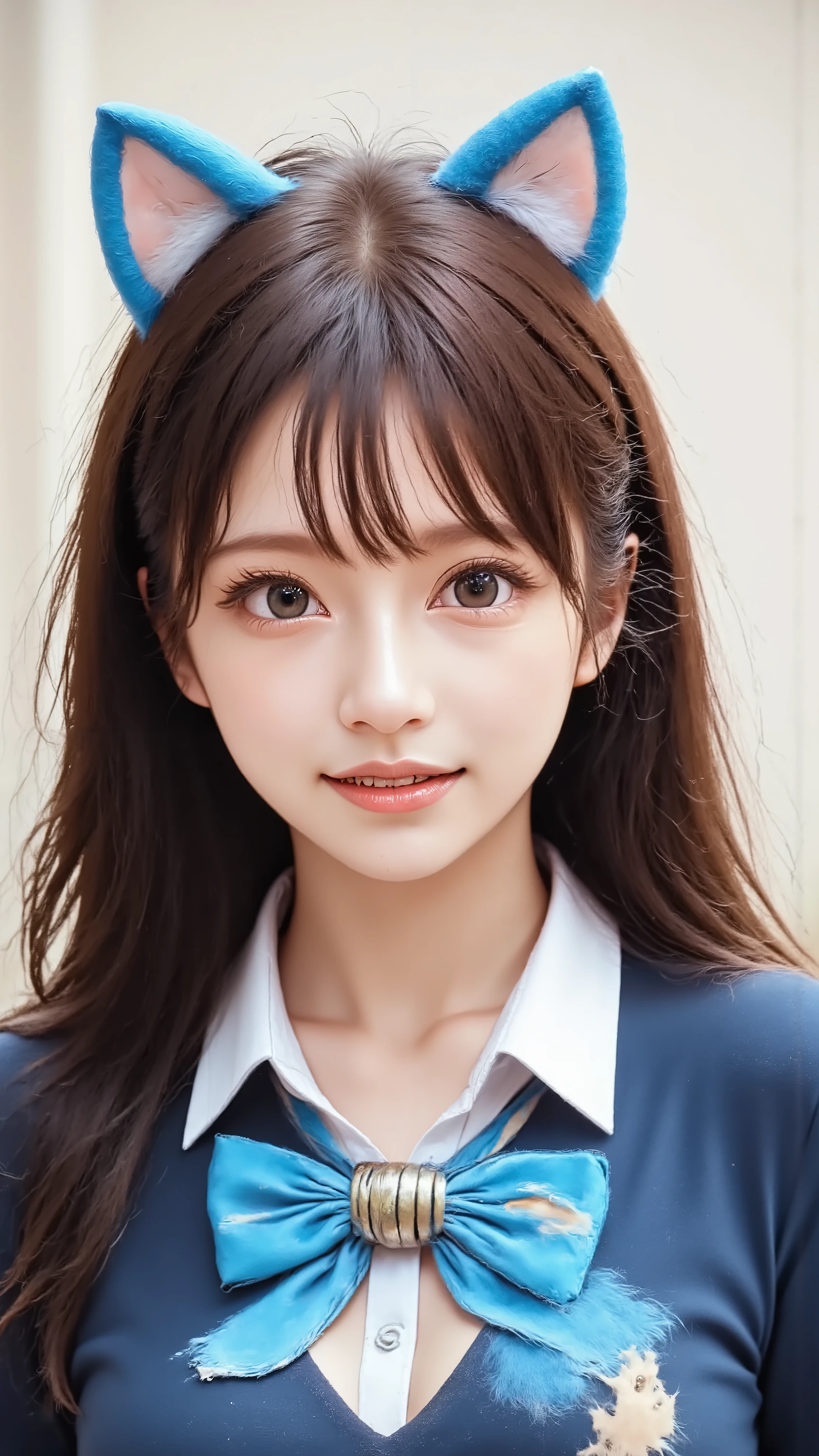 (Clothes of the Future,Doraemon costume, blue cat ears:1.2,blue hair:1.2, round goggles:1.2, white shirts,Blue long sleeve ,Big Breasts,4-dimensional pocket on the stomach ,pocket is half moon shaped ,large bell on choker),(Doraemon costume:1.1),Clothes of the Future,Cowboy Shot