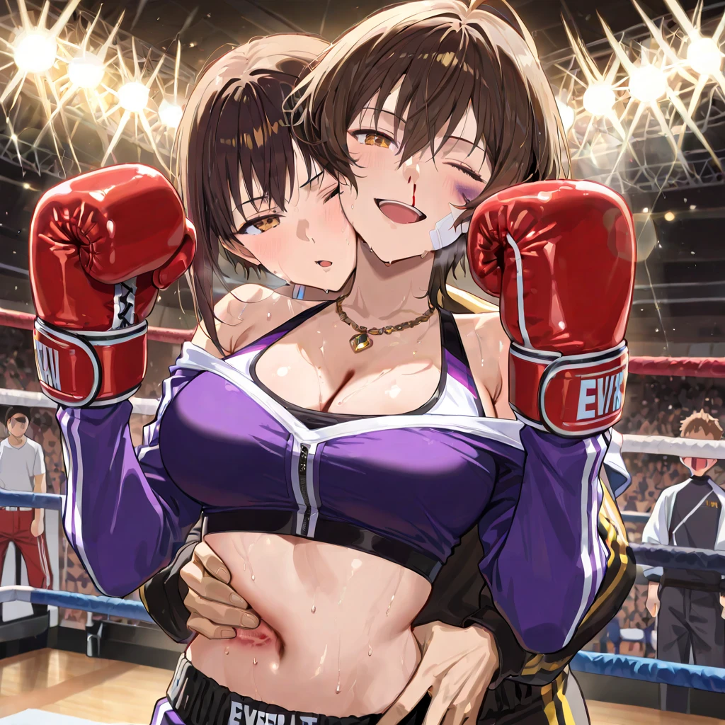 ((((1girl)))and(((1shota)))),(1shota:1.4),dark-skinned shota, interracial,smug,Boxing Gloves, BREAK (1girl),(fighter:1.4), (medium hair,straight hair),black hair, dark eyes, medium breasts, pale skin,shiny skin, (ahegao),(trembling), erectile nipples, BREAK ((she wears and blazer and blue neck ribbon and pleated skirt and black pantyhose)), (cum:1.4),cum in pussy,(cum on clothes:1.4), cum on breasts,cum on body,cum facial, bukkake,cum in mouth,cum on hair,(excessive cum), BREAK ((vaginal,sex)),(upright straddle,couple,face-to-face), clothed sex, intercourse with old man, (wrestling ring), (((masterpiece))),(((best quality))),((ultra-detailed)),(illustration),((an extremely delicate and beautiful)),(detailed background),