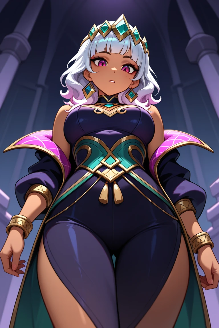 (masterpiece, best quality, high resolution, ((full body, standing,)), ((huge breasts)) an African warrior ((dark skin)), long hair, white hair, white eyes, long dreadlocked pigtails, pointy ears , halo, gold and purple earrings, gold choker, gold bracelets, full body fantasy amazon armor,,full body