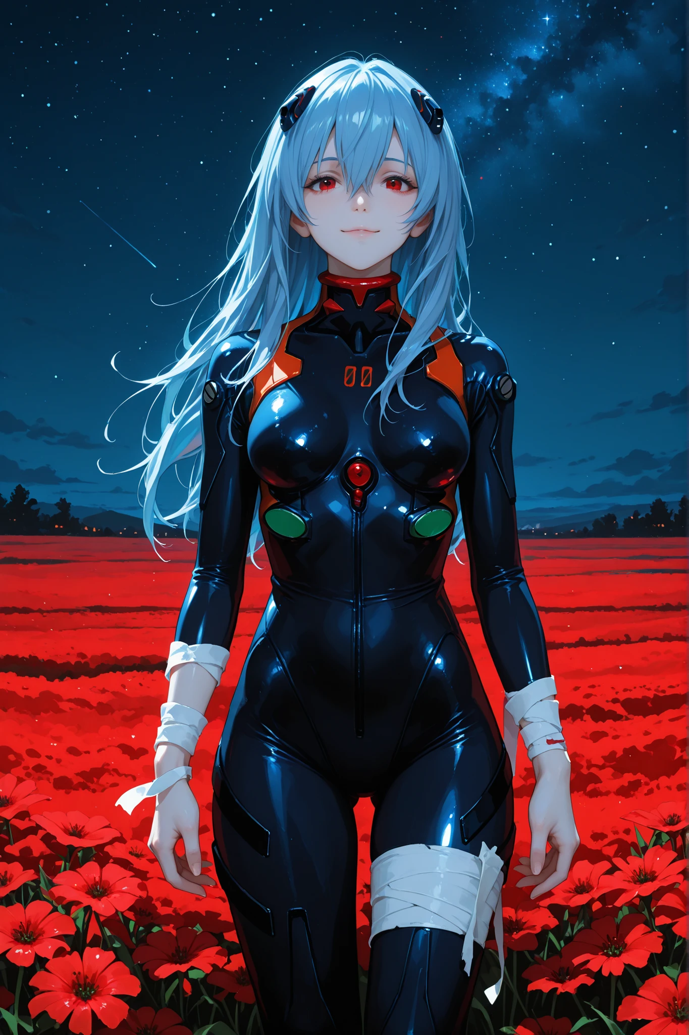 1 girl, ayanami rei, diving suit, hair between eyes, blue hair, pilot suit, skin tight, expressionless, bandages, red eyes, long hair, fair skin, i_rei, red eyes, , confident expression, mocking smile, standing, in a field, looking at viewer, night sky, stars in the sky