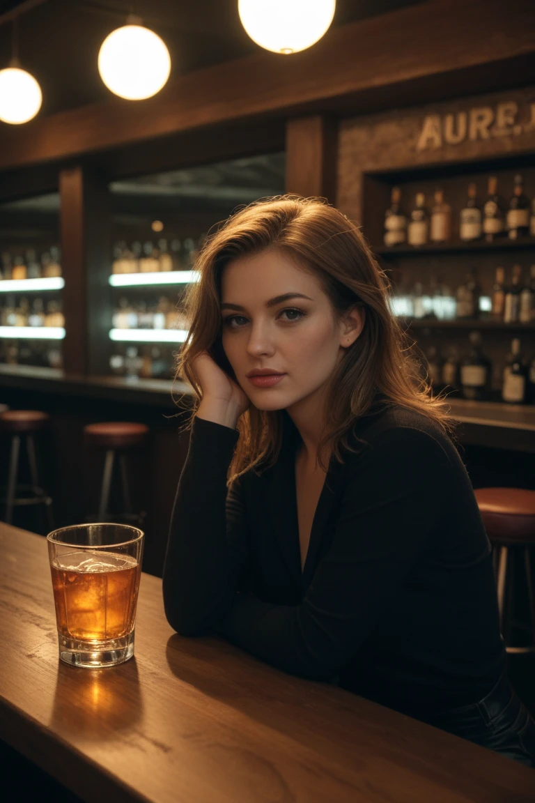Create a realistic illustration of the interior of a bar at night 