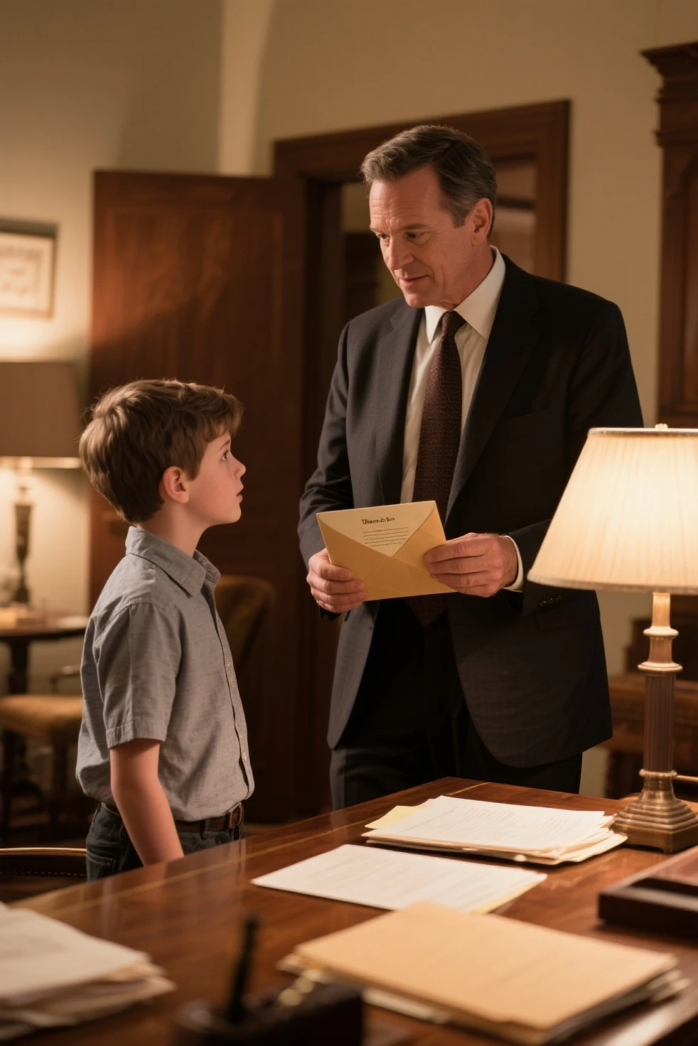 Son seeking approval, father engrossed in work, highlight childs eager expression, fathers focused gaze, office backdrop, mix with a touch of melancholy dim room light, late evening at cozy home office, end with a Norman Rockwellesque sentiment, in the vein of Americana.