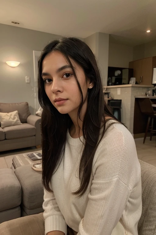 A beautiful girl blogger tells something on camera to her subscribers
