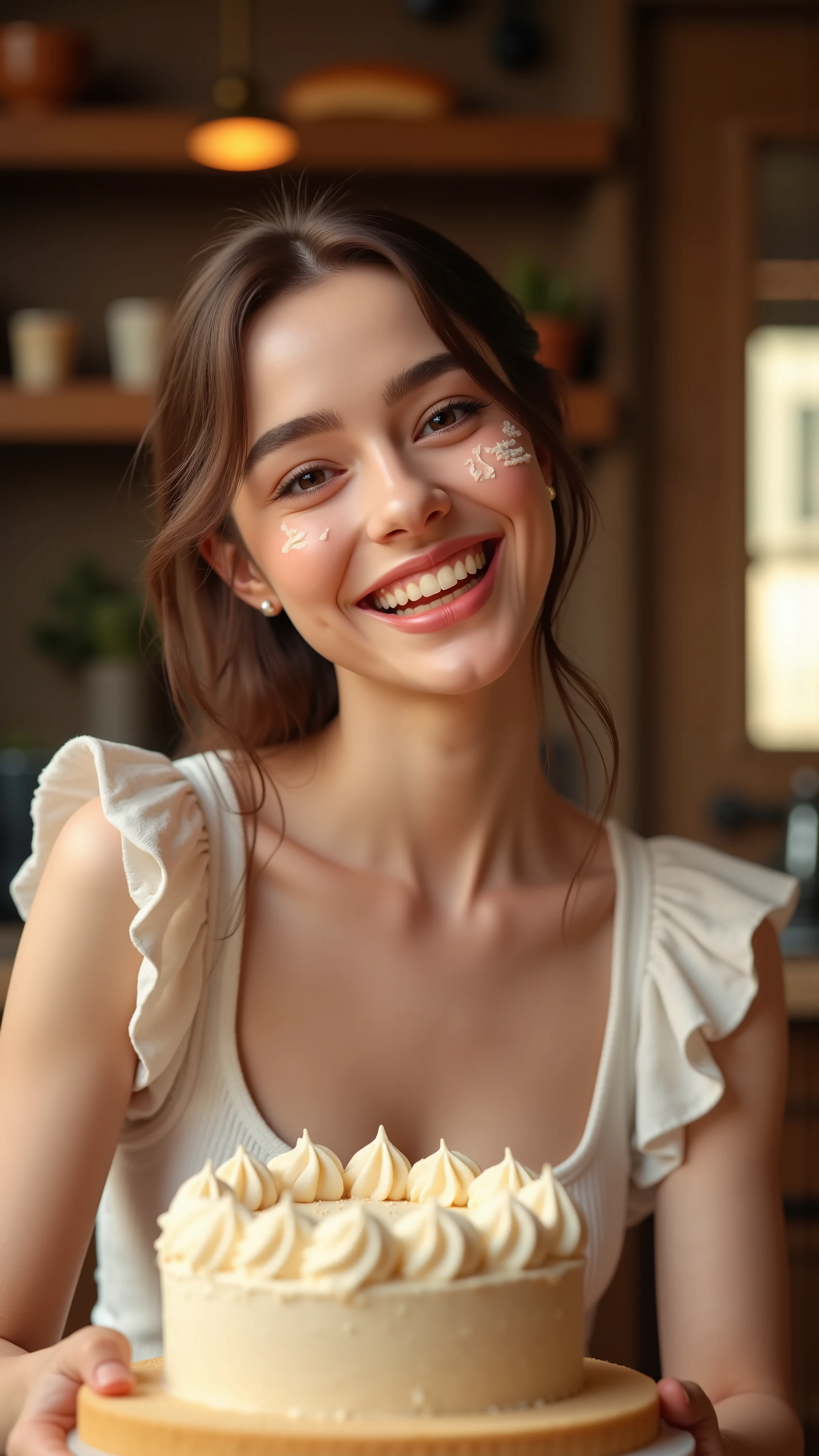 8k, masterpiece, Highest Quality, she is addicted to making cakes、I have cream on my cheeks、happy smile