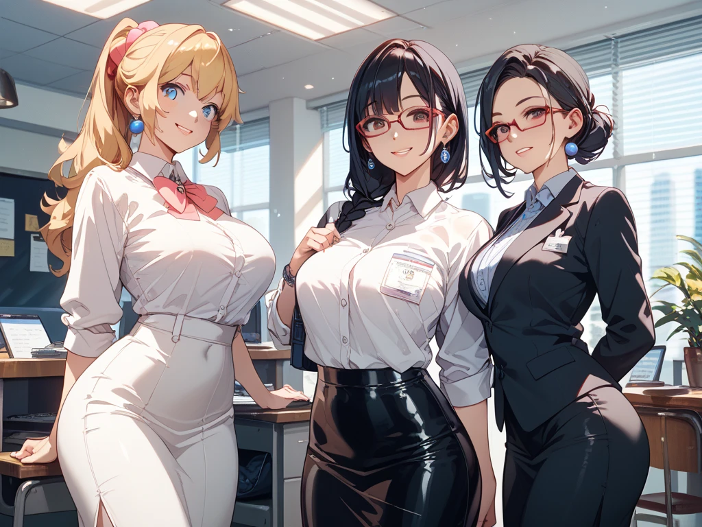 two sexy bubbly and cheerful women in office outfits, kneeling, short, bun tied black hair, happy opened mouths, portrait, close up faces, view from above