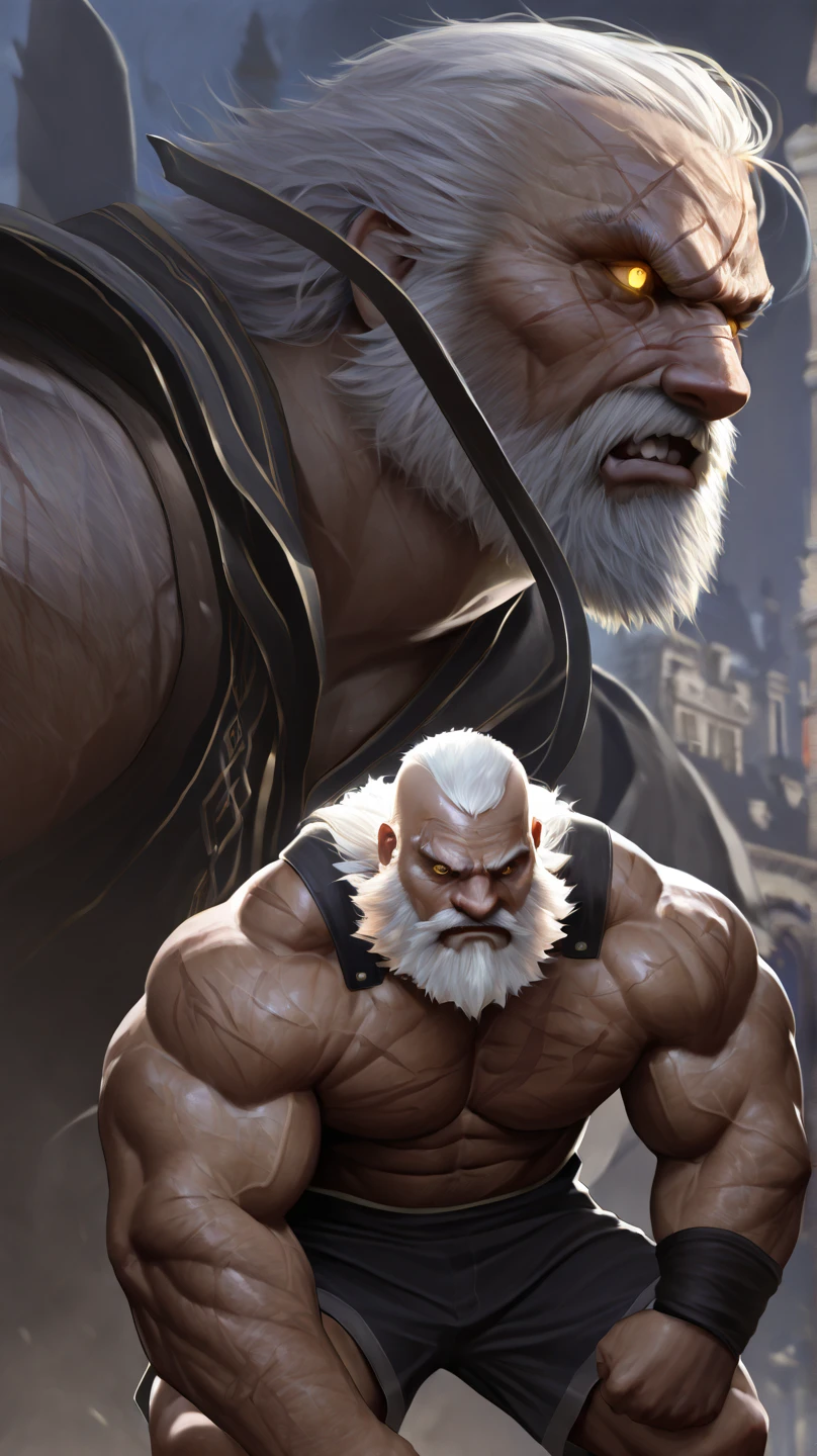 Very big man、American、Gray Hair、Skin color is dark、Very strong beard、Skinhead、Very large pectoral muscles、Draw the whole body、Wearing a black tuxedo