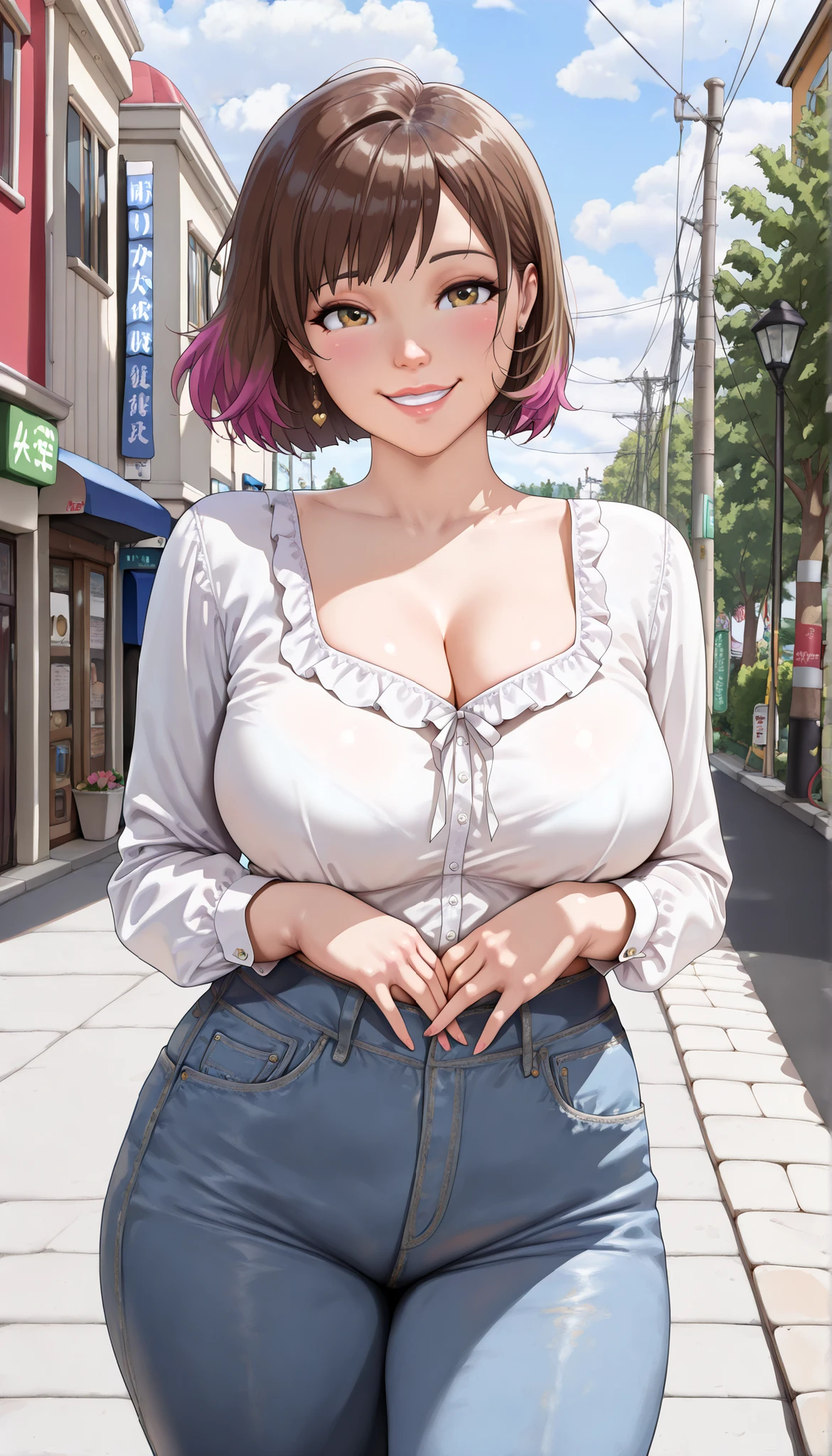 (best quality, ultra-detailed, photorealistic: 1.39), Face of naughty r, bright and vibrant colors, studio lighting, romantic expression, Perfect big breasts, cute blouse, long sleeves, jeans, Short blonder hair, bob style, bangs flowing in the wind, attractive eyes, lips bright, sexy pose, smiling seductively, posing for a professional photo shoot, shallow depth of field, soft natural lighting, creating a romantic and magical atmosphere, street, summer, sunny day, trees