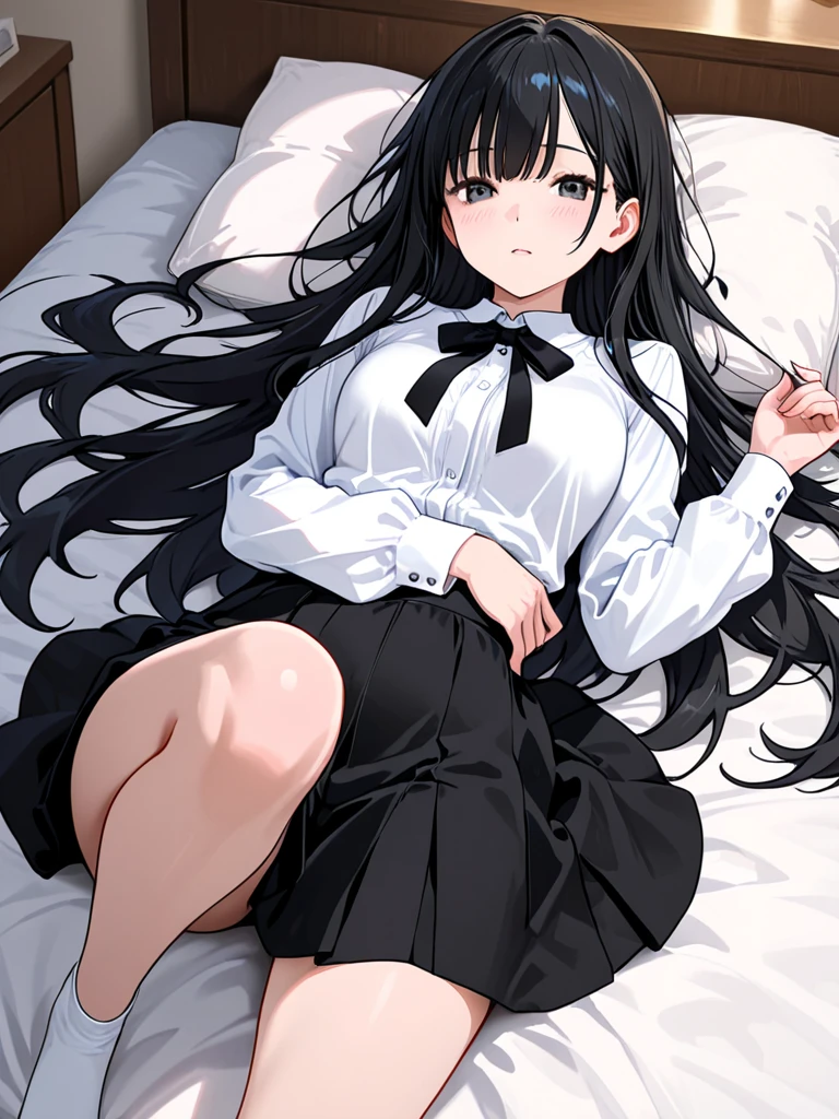 Italian girl, 25 years old, very long brown hair, busty, wearing a small shirt, wearing a black pleated miniskirt, hair covering her breasts, bare feet, bedroom