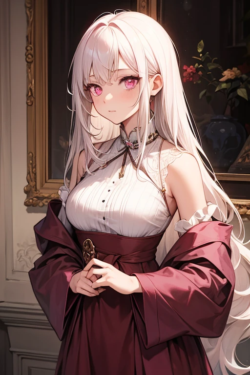 best quality, incredibly absurdres, extremely detailed, 2.5D, delicate and dynamic, beautiful woman, white hair tied up, gorgeous and glamorous black evening dress, red lines, shiny satin fabric, lace, embroidery, robes, shawls, accessories, background aristocratic social setting