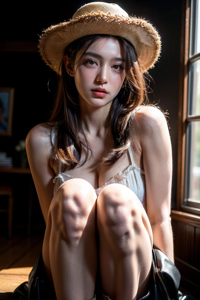(best quality, 8k, highres, photorealistic:2.0), (solo, one girl:2.0),(Alone photo:2.0),(lighting: strong),(lighting: front),(very muscular woman:1.9),(whole body muscular woman:1.9),(bodybuilder woman:1.5),(amazing abdominal muscles:1.7),(shiny skin:1.5),(light brown hair color:2.0),(woman with long straight hair:1.5),(Bend your legs and open your thighs:2.0),(baby faced girl:1.5),ultimate beautiful Japanese girl, Blush brown makeup , dark eye makeup ,pink lipstick,(big beady eyes girl:1.5),(cool beauty women:1.5),(very dignified),(Navel is visible),(very soft looking breasts:1.3),(The eroticism of a very elegant woman:1.5),(Intense sex appeal of young women),(she strikes a sexually bold pose:1.3),(stare at the viewer:1.6),(look at the viewer with blank eyes:1.6),(Her body is super erotic:1.5),(Truly a goddess of beauty),(woman who makes erotic temptations),(her body is excited:1.3),(Unable to contain sexual excitement),(she has a strong sexual desire:1.5),(sexually perverted woman),(She shows off her amazing body),(she reaches an amazing orgasm),(big ass girl),(her body is amazingly curvaceous),(she seeks perverted pleasure),(have abnormal sexual tendencies),(topless woman:1.5),(Wearing tiger pattern minimal Panty:1.5),(Show off panties),(There are cow horns on the head:1.5)