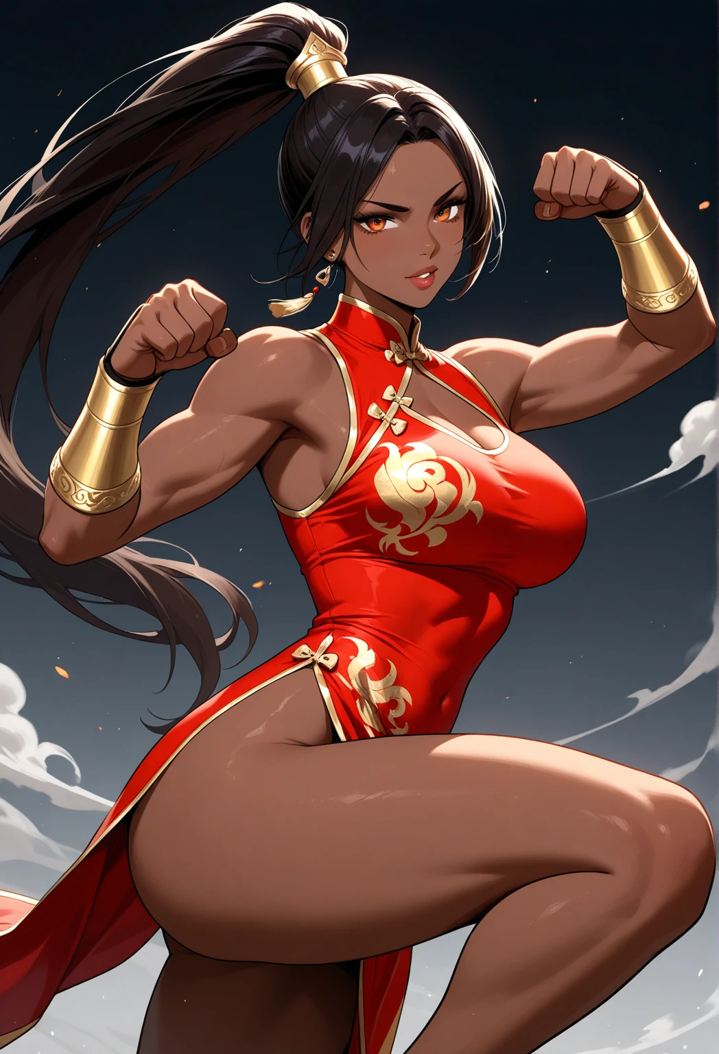 (High resolution, Pixels are perfect, luxurious illustration), (hyper quality, masutepiece, Ethereal: 1.4), (Solo:1.4), (((Black hair))), (Yellow eyes), ((angry)), pale skin, (((((((muscular))))))), ((thick thighs)), ((Huge breasts)), (((wide hips))), Woman, ((((Mature female chinese traditional warrior:1.3),))), Ass, ass forcus, , Extremely detailed , Photorealistic , (((((((Back))))))), (((Looking back))), (Open your legs slightly), Very deep eyes, Perfect eyes, (((Ahegao))), Rolling eyes, tongue, open open mouth,, wetted skin, (Shiny skin), (facials), ((blush)),