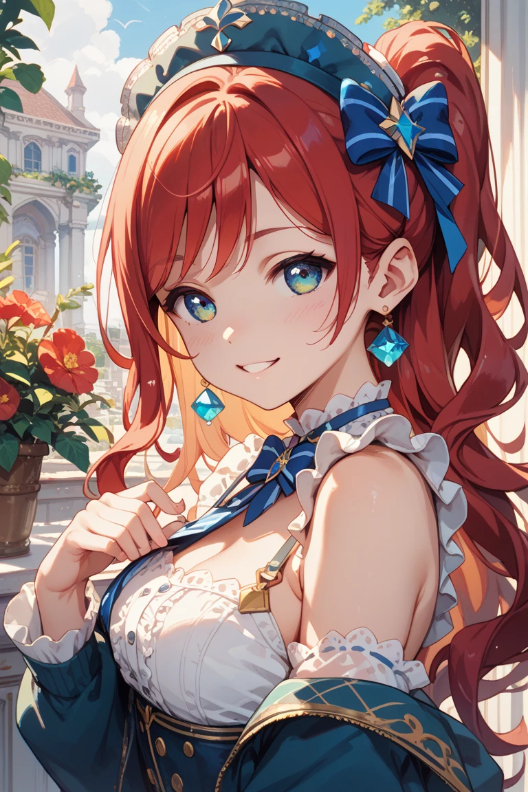 (((masterpiece))),(((High resolution)))、(((8K quality)))、(((Perfect Face)))、((Top quality eyes)), One Girl、18-year-old、Middle chest、Beautiful Eyes、Beautiful red hair, Long Hair、blue eyes, Natural smile、 information,