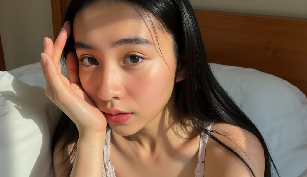there is a woman laying on a bed with a cell phone, an asian woman, photo of a woman, asian woman, a young asian woman, (38 years old), 38 years old, on my bed, 3 0 years old woman, 30 years old woman, she is facing the camera, vietnamese woman, asian female