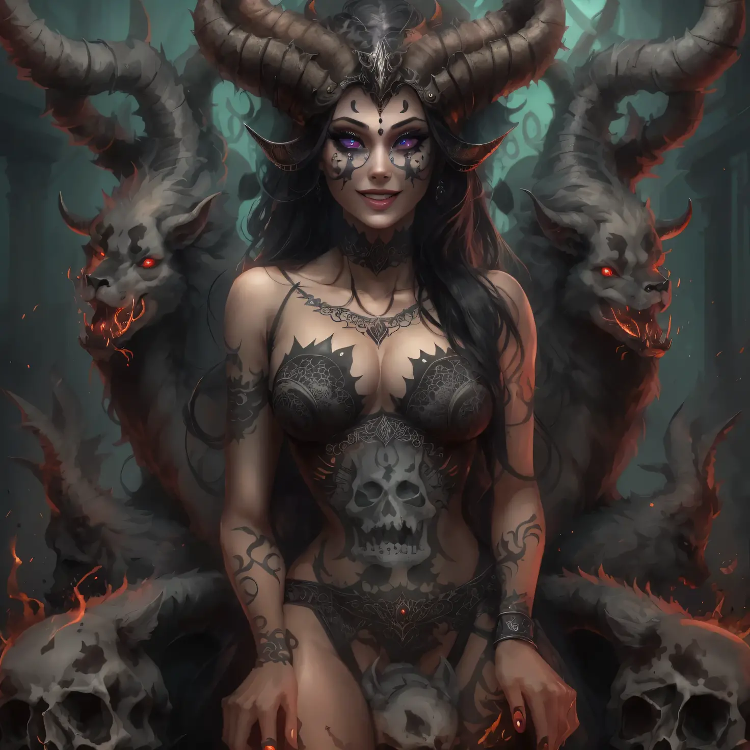 from below, demoness, full body portrait, succubus, day of the dead facepaint and bodypaint, crawling on the floor on hands and knees, scary detailed art in color, rage, fury, angry expression, busty, curvy hips, sexy, alluring, erotic posing with open legs, naked, au naturel, nude , no underpants, ((pubic hair)), highly detailed fantasy art, beautiful fantasy art portrait, intricate detailed digital art, highly detailed digital painting, digital art fantasy art, mark brooks detailed, detailed fantasy digital art, amazing detail digital art, close-up portrait demoness skull, by Todd Lockwood, liquid metal girl